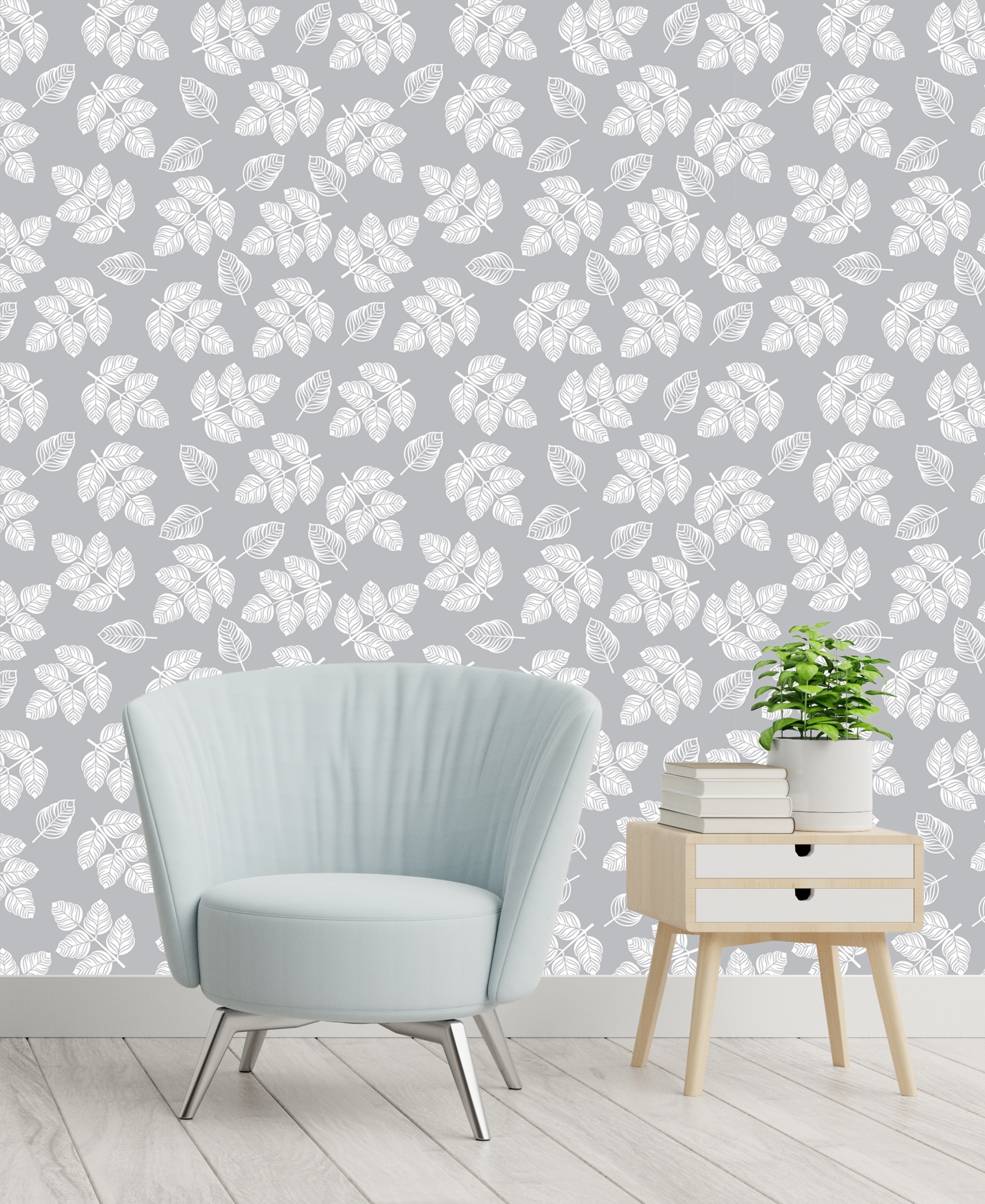queence Vinyltapete »Blätter grau-weiß«, floral-geblümt-gemustert-Motiv, 90x250cm, selbstklebend, kinderleichte Anbringung, Sticker