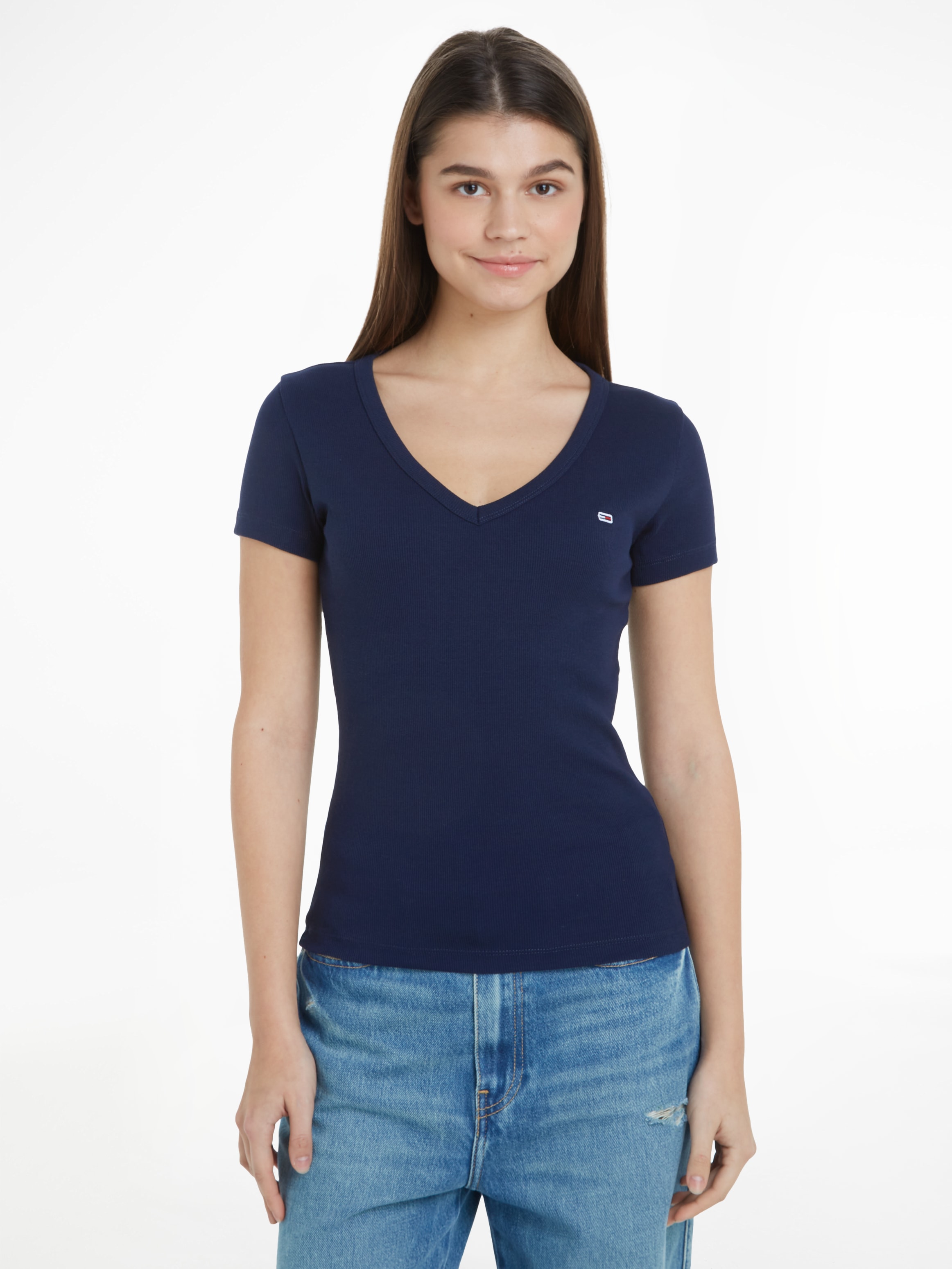 T-Shirt »Slim Essential Rib V-Neck Rippshirt«, mit Logostickerei