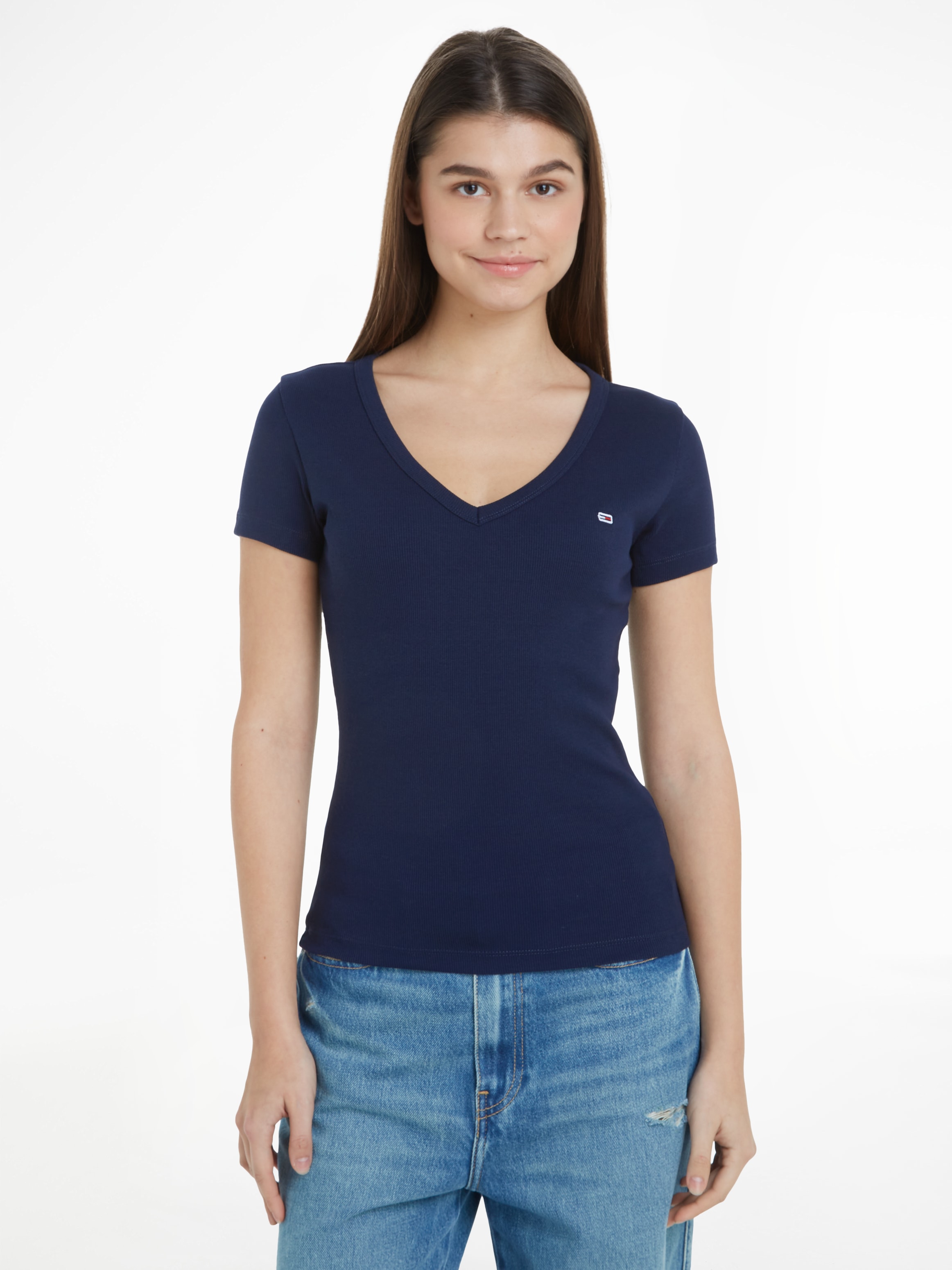 Tommy Jeans Kurzarmshirt "TJW SLIM ESSENTIAL RIB V SHORT SLEEVE" mit geripp günstig online kaufen