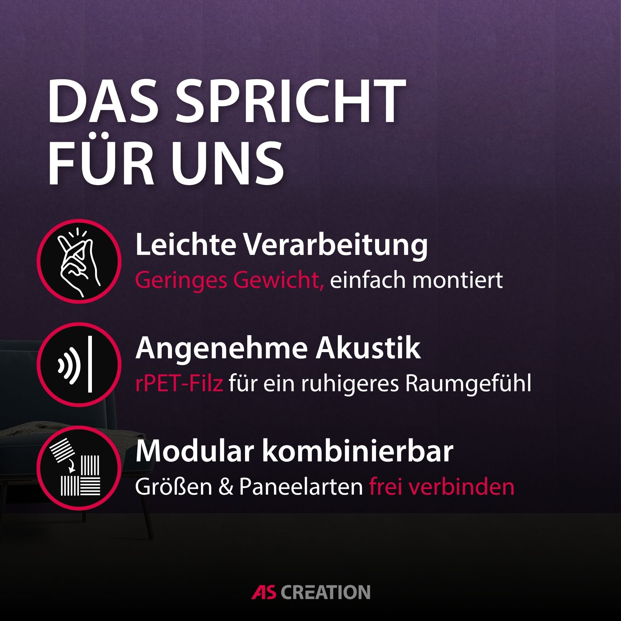 Architects Paper Schallschutzpaneel »A.S. Création Modular Wall Akustikpaneel Filz« 1 tlg. Einfarbiges Akustikpaneel aus recyceltem PET-Filz