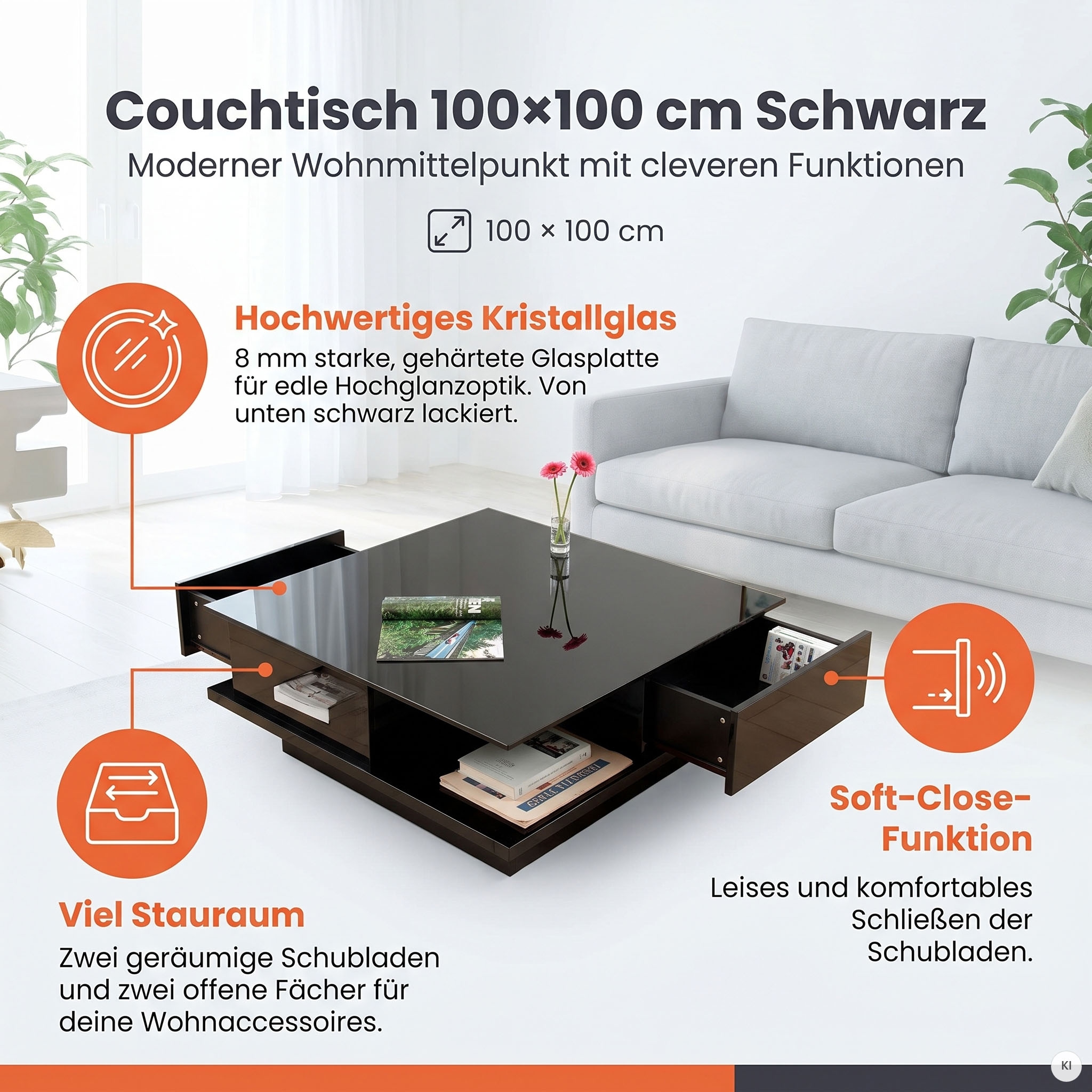 SalesFever Couchtisch »- stilvoll und praktisch« Kristallglas-Tischplatte, gehärtet und elegant