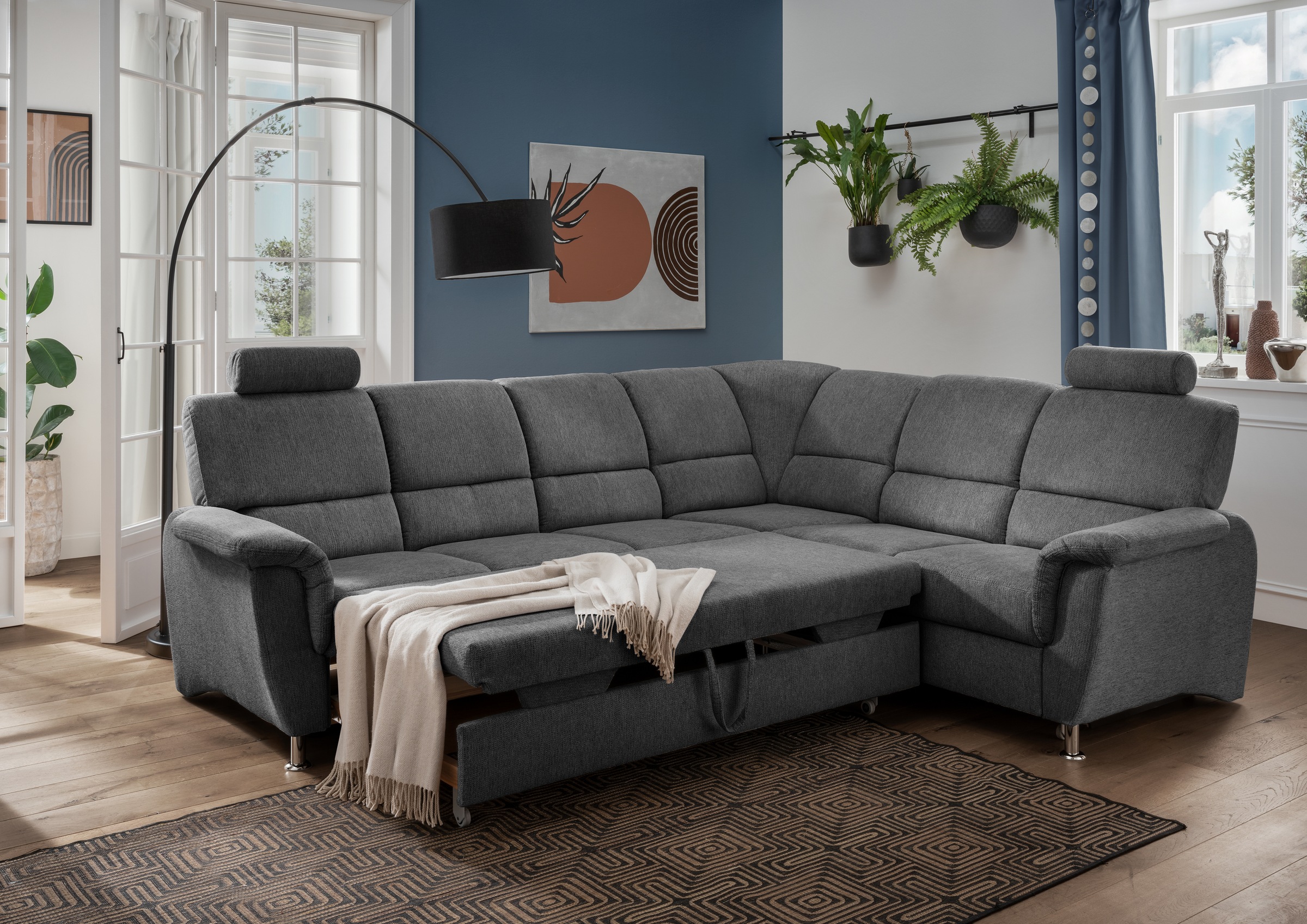 Home affaire Ecksofa »Pisa L-Form, mit Schlaffunktion, Stauraum, 2x höhenverstellbare«, Kopfstützen und Relaxfunktion im Eckelement