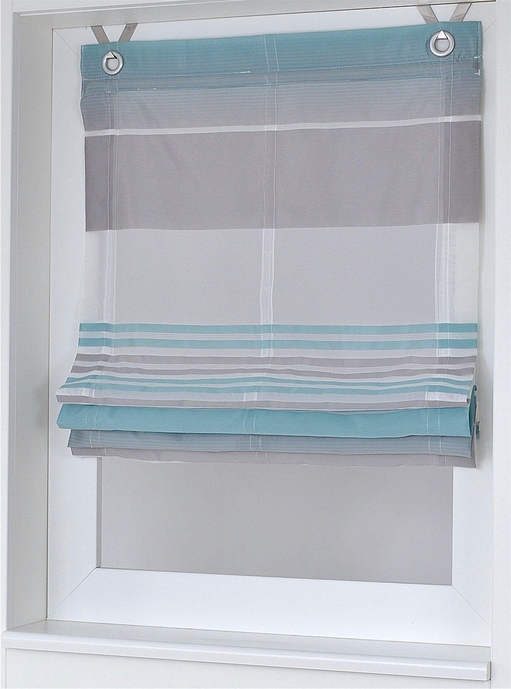 Thumbnail - Kutti Raffrollo "Jamaica" mit Hakenaufhängung ohne Bohren freihängend halbtransparent, Polyester, gewebt, Streifen, mit ...