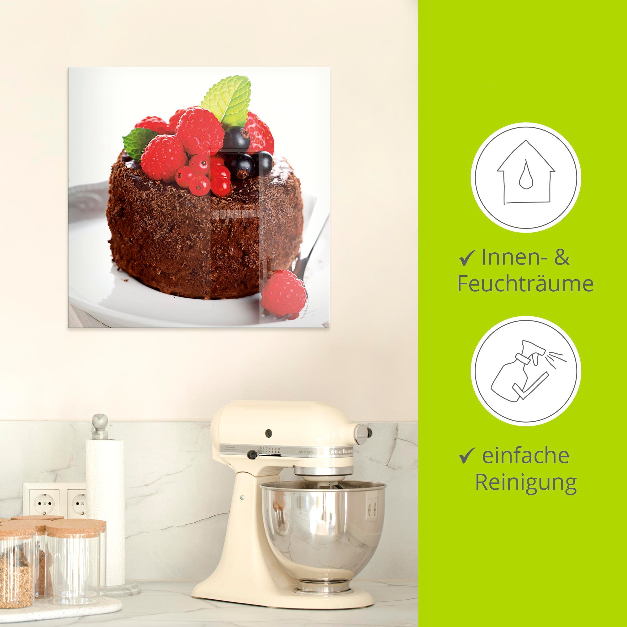 Artland Glasbild »Feiner Schokoladenkuchen mit Beeren«, Süßspeisen, (1 St.), in verschiedenen Größen