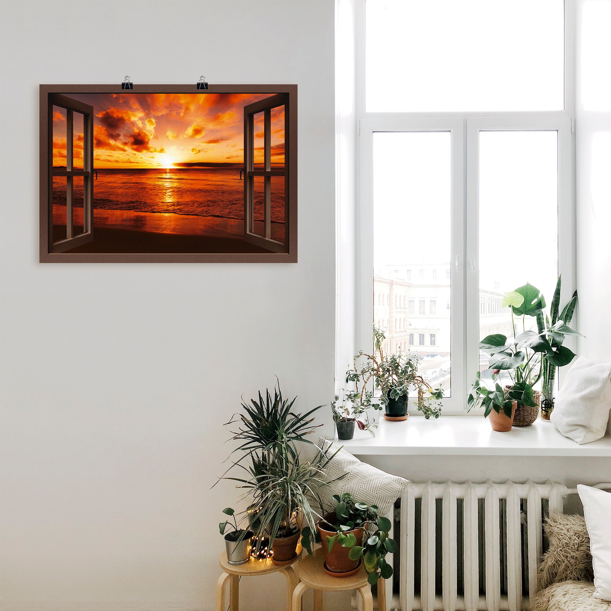 Artland Wandbild »Fensterblick Sonnenuntergang am Strand«, Fensterblick, (1 St.), als Leinwandbild, Poster, Wandaufkleber in verschied. Größen