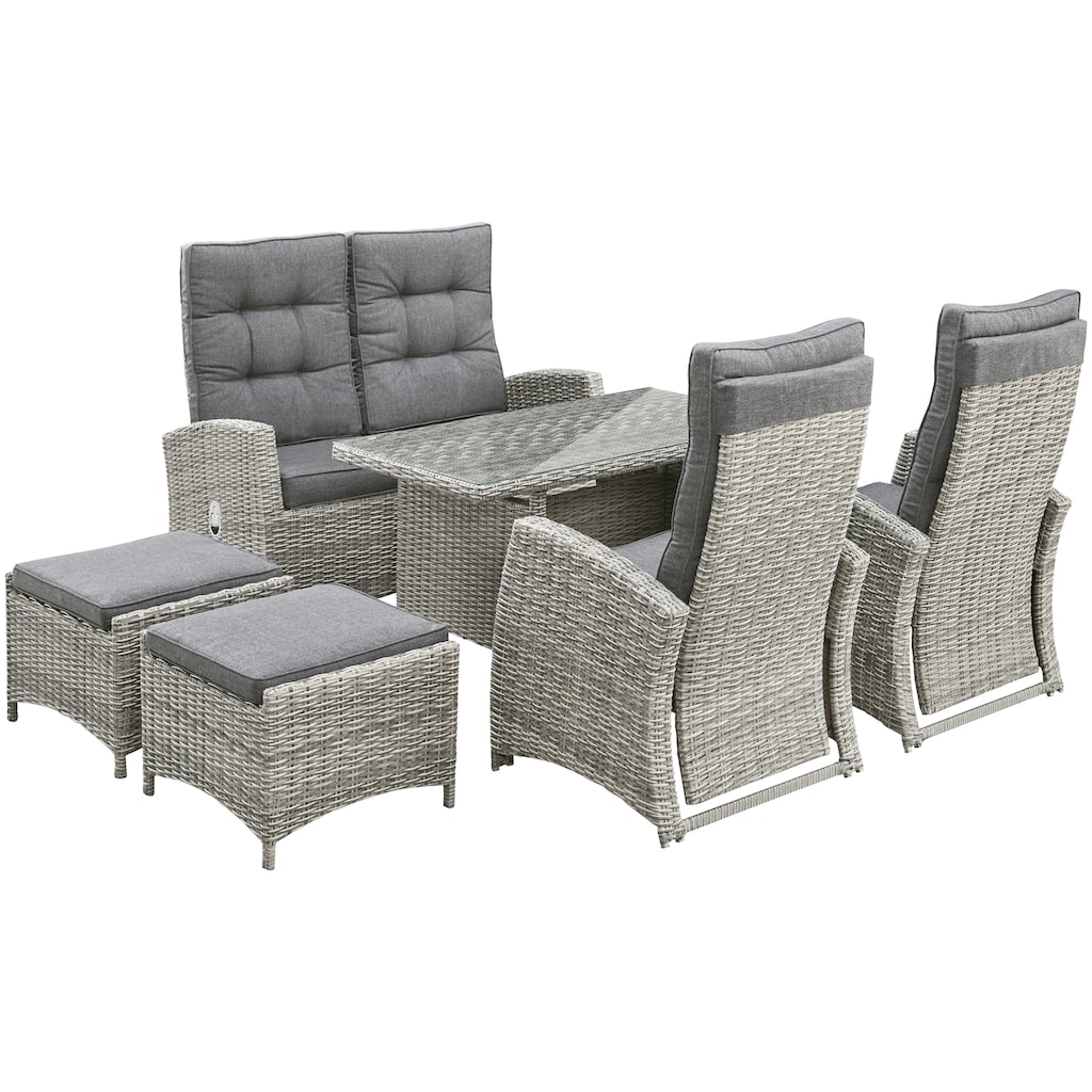 KONIFERA Garten-Essgruppe »Monaco«, (Set, 16 tlg., 1x2er Sofa, 2x Sessel, 2x Hocker, 1x Tisch 120x70x66cm, inkl. Auflagen), Polyrattan, Aluminium, Rückenlehne verstellbar, Grau