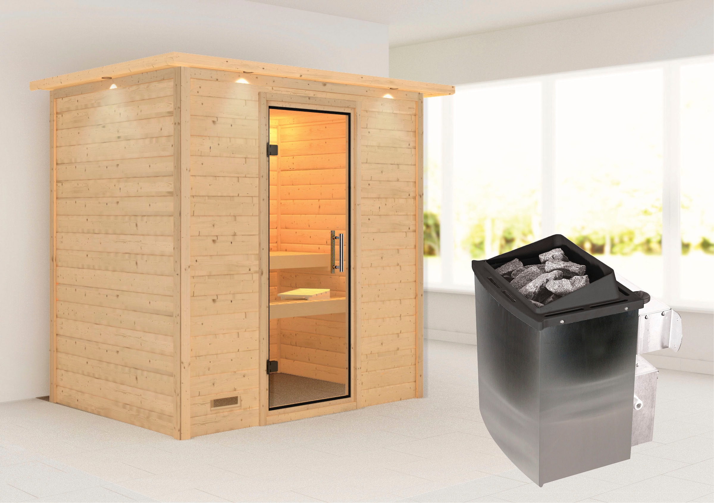 Karibu Sauna ""Sonja" mit Klarglastür und Kranz Ofen 9 kW integr. Strg"