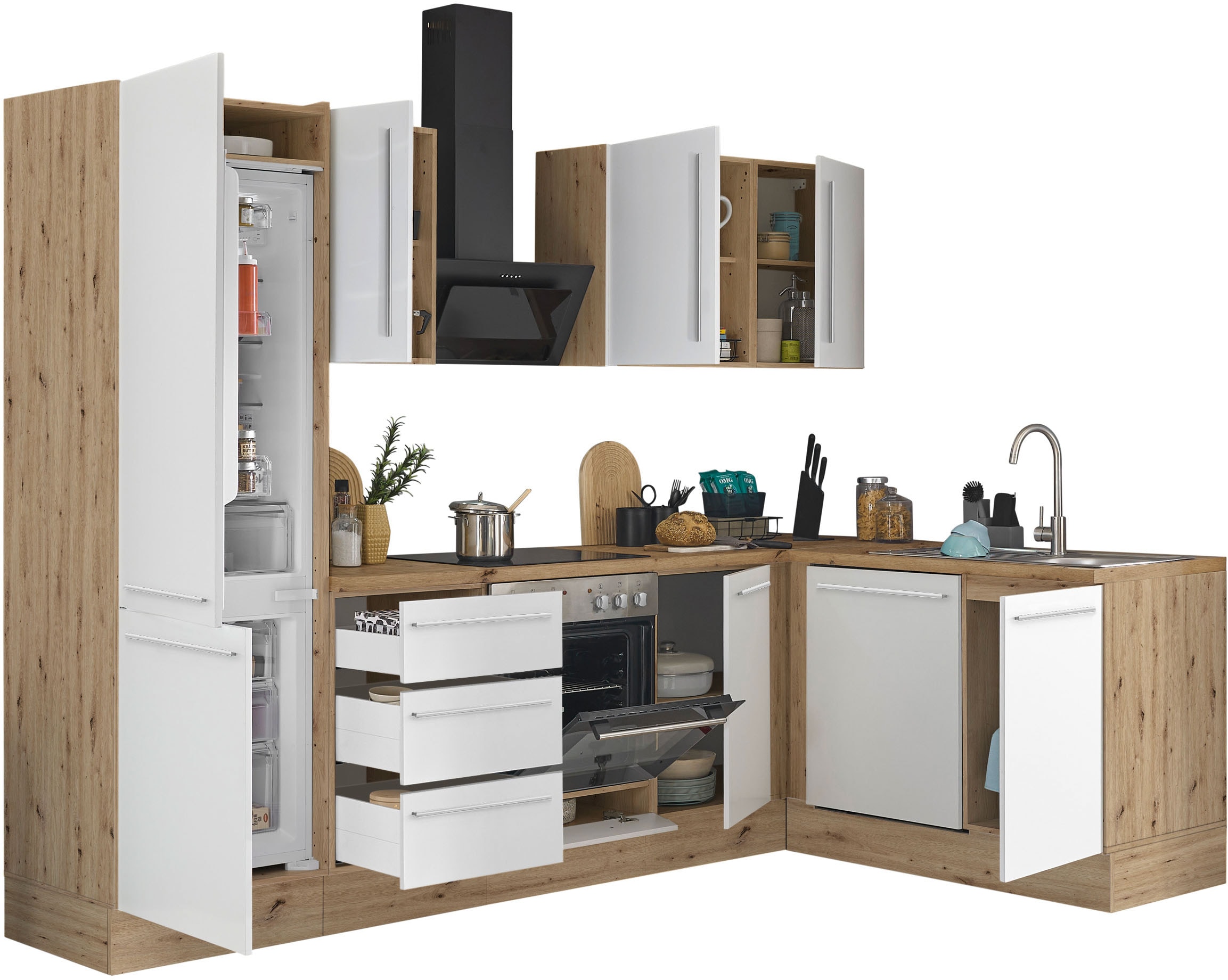 KOCHSTATION Winkelküche »Florida, Stellbreite 280x165 cm«, wahlweise mit E-Geräten, mit Softclose für Türen und Schubkästen