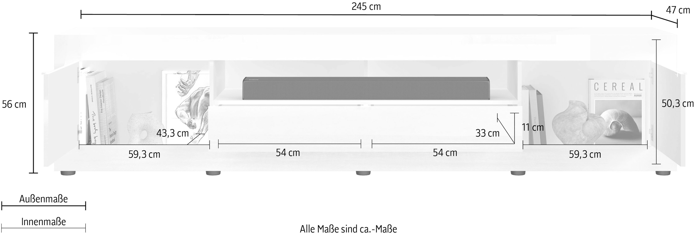 Home affaire Lowboard »Basic, 245 cm breit, 47 cm tief, 2 Türen, 1 Schubkasten, Medienboard« Modernes Lowboard für bis zu 98-Zoll-TV – perfekt für die WM