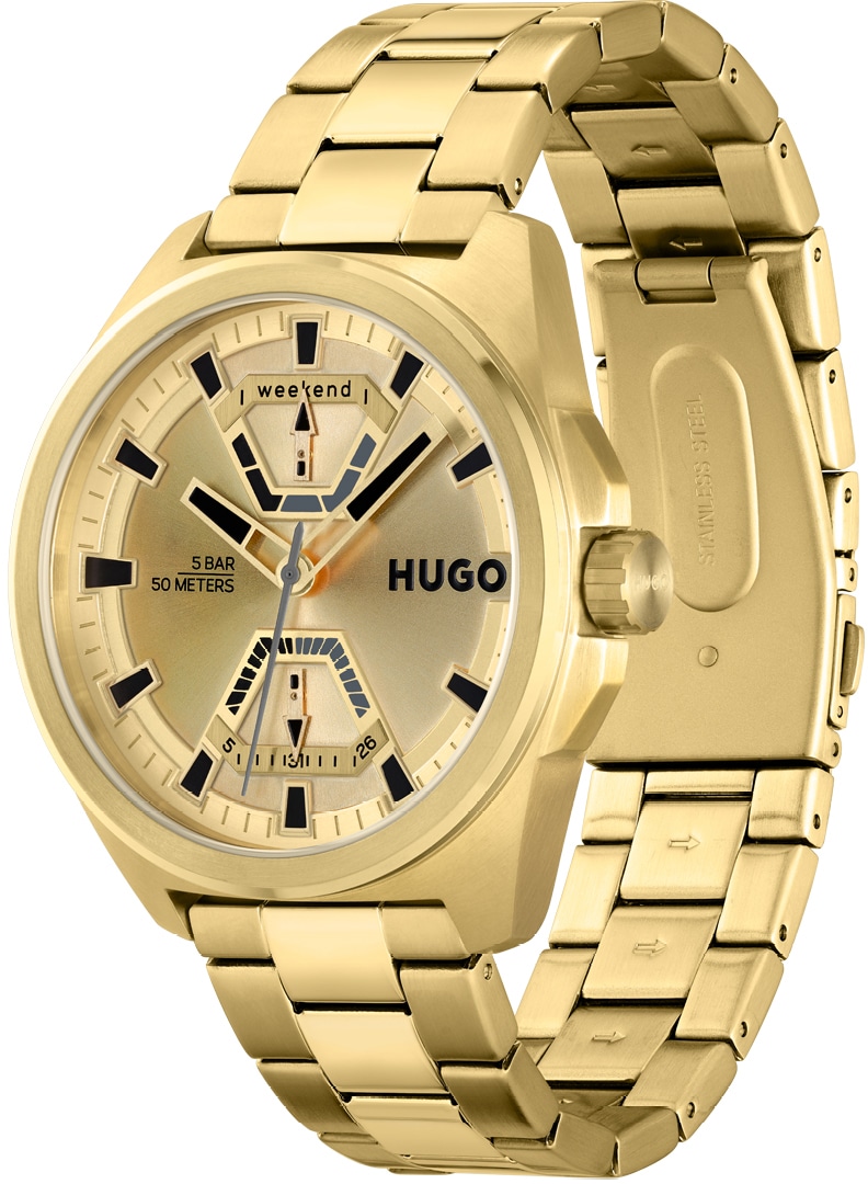 HUGO Multifunktionsuhr »#EXPOSE«, Quarzuhr, Armbanduhr, Herrenuhr, Datum Edelstahlarmband