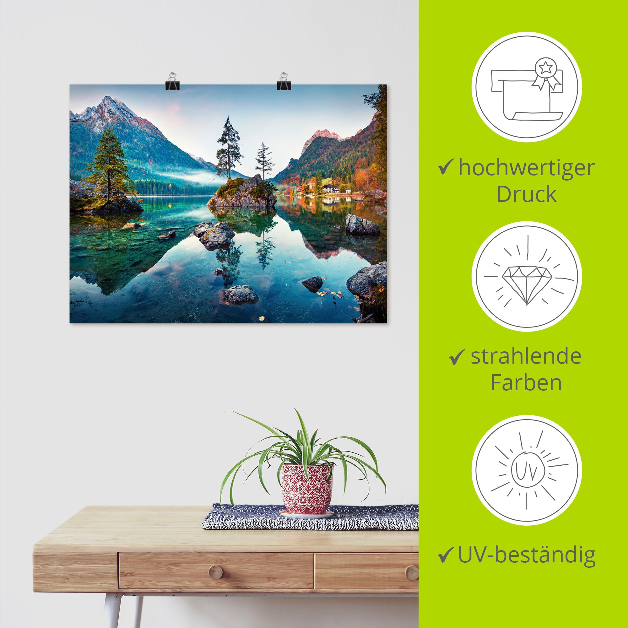 Artland Wandbild »Herbstszene des Hintersee vor Alpen«, Seebilder, (1 St.), als Alubild, Outdoorbild, Leinwandbild, Poster, Wandaufkleber