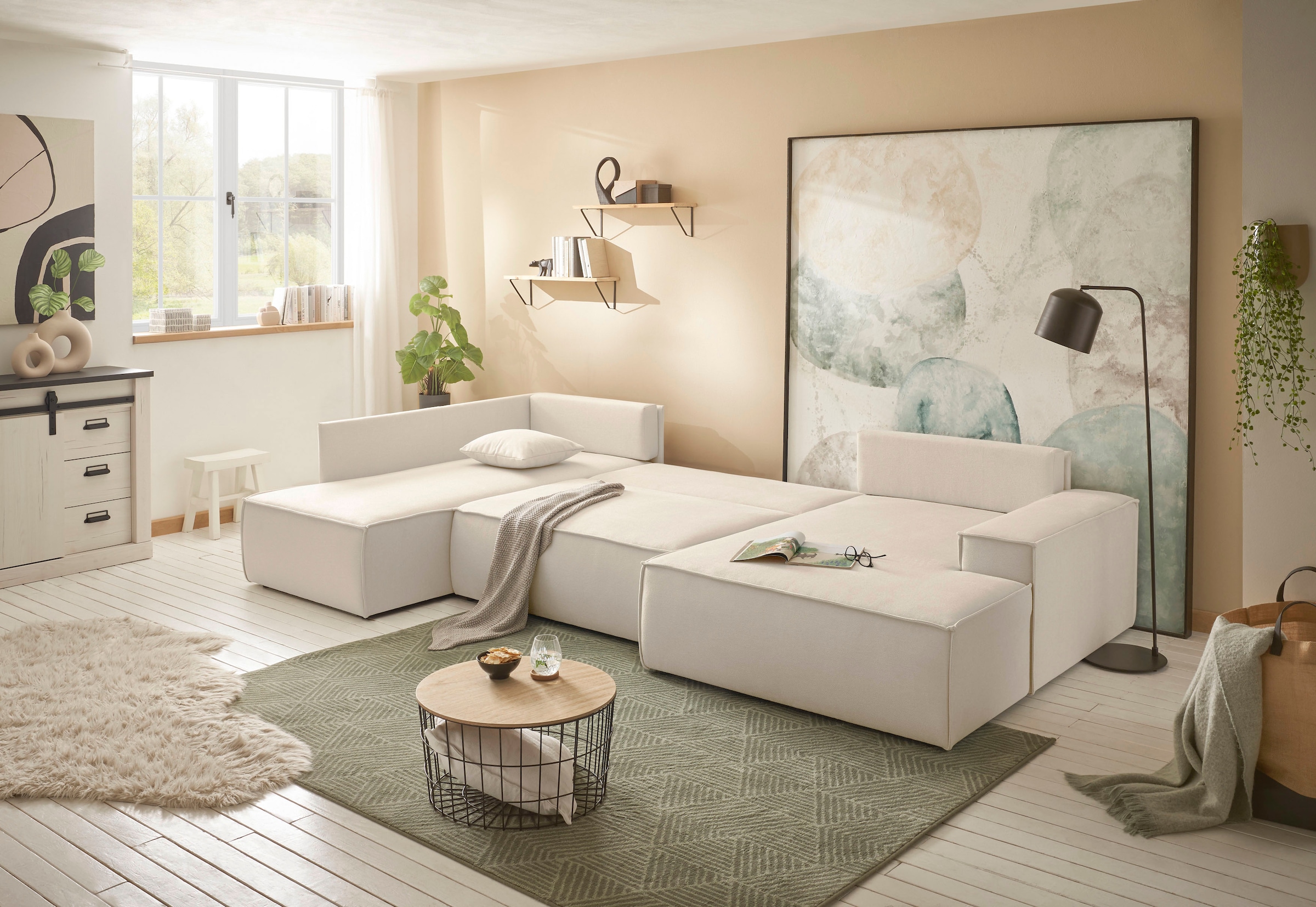 andas Wohnlandschaft »FINNLEY U-Form XXL 329 cm, Schlafsofa, Schlaffunktion m. Bettkasten«, (194/139 cm), Bouclé, Struktur und Cord