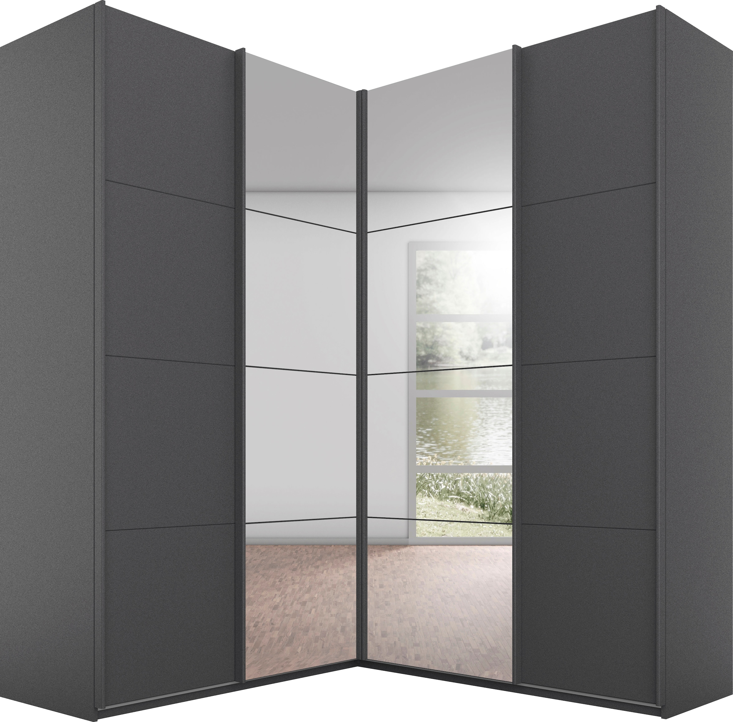 rauch Schwebetürenschrank "Schrank Garderobe Eckkleiderschrank QUADRA Front in Dekor/Hochglanz" Maß 181x187 cm, Höhen 210/229 cm, inkl. Soft-Close-Funktion, extra großer Eckschrank inkl. Schubladeneinsatz MADE IN GERMANY