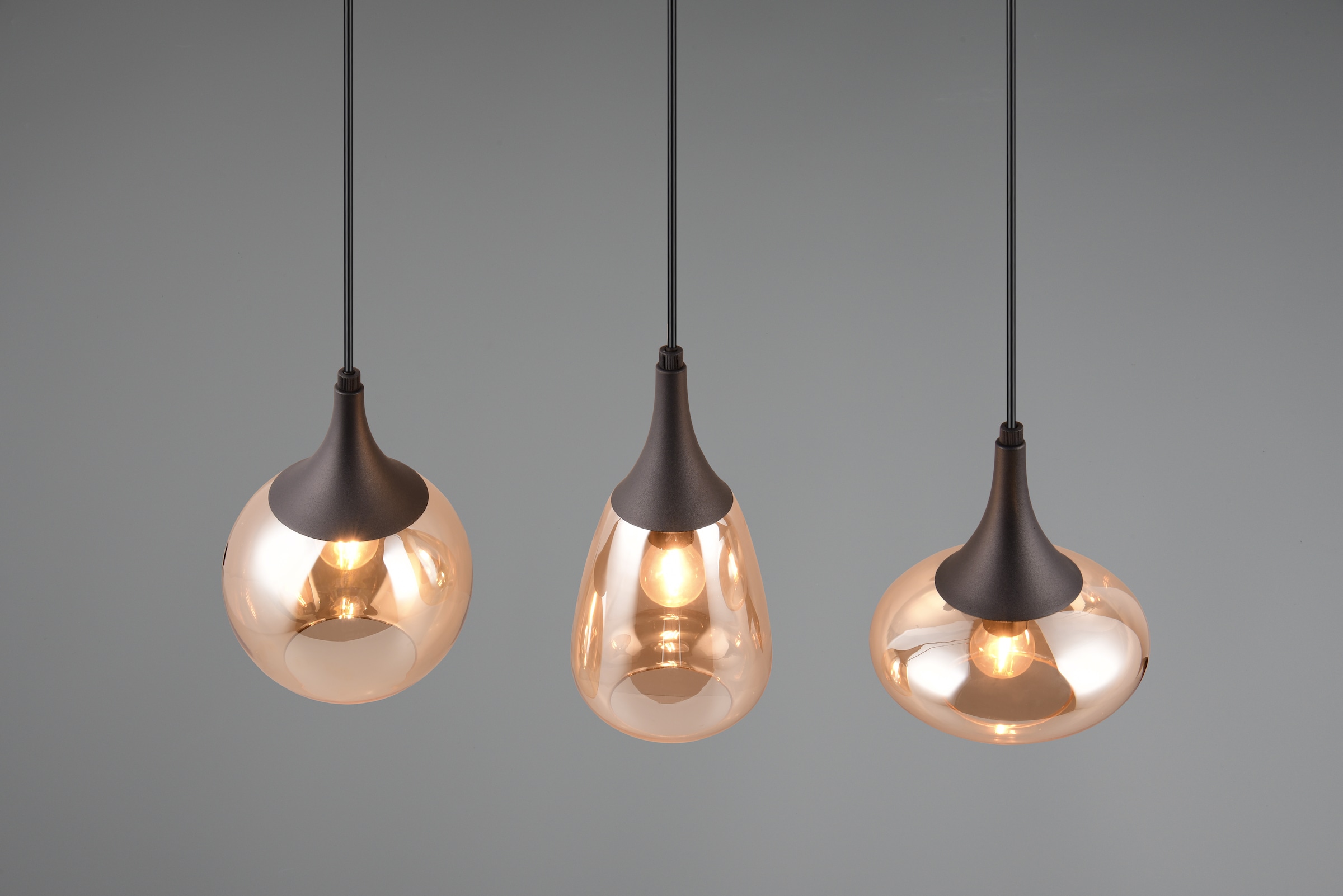 TRIO Leuchten Pendelleuchte »LUMINA, E14 Hängelampe 3-flammig Glasschirme in 3 Formen amberfarbig«, 3 flammig, Leuchtmittel E14 | Leuchtmittel wechselbar, exkl 3x E14 max 40W, Hängeleuchte höhenverstellbar bis max 150 cm