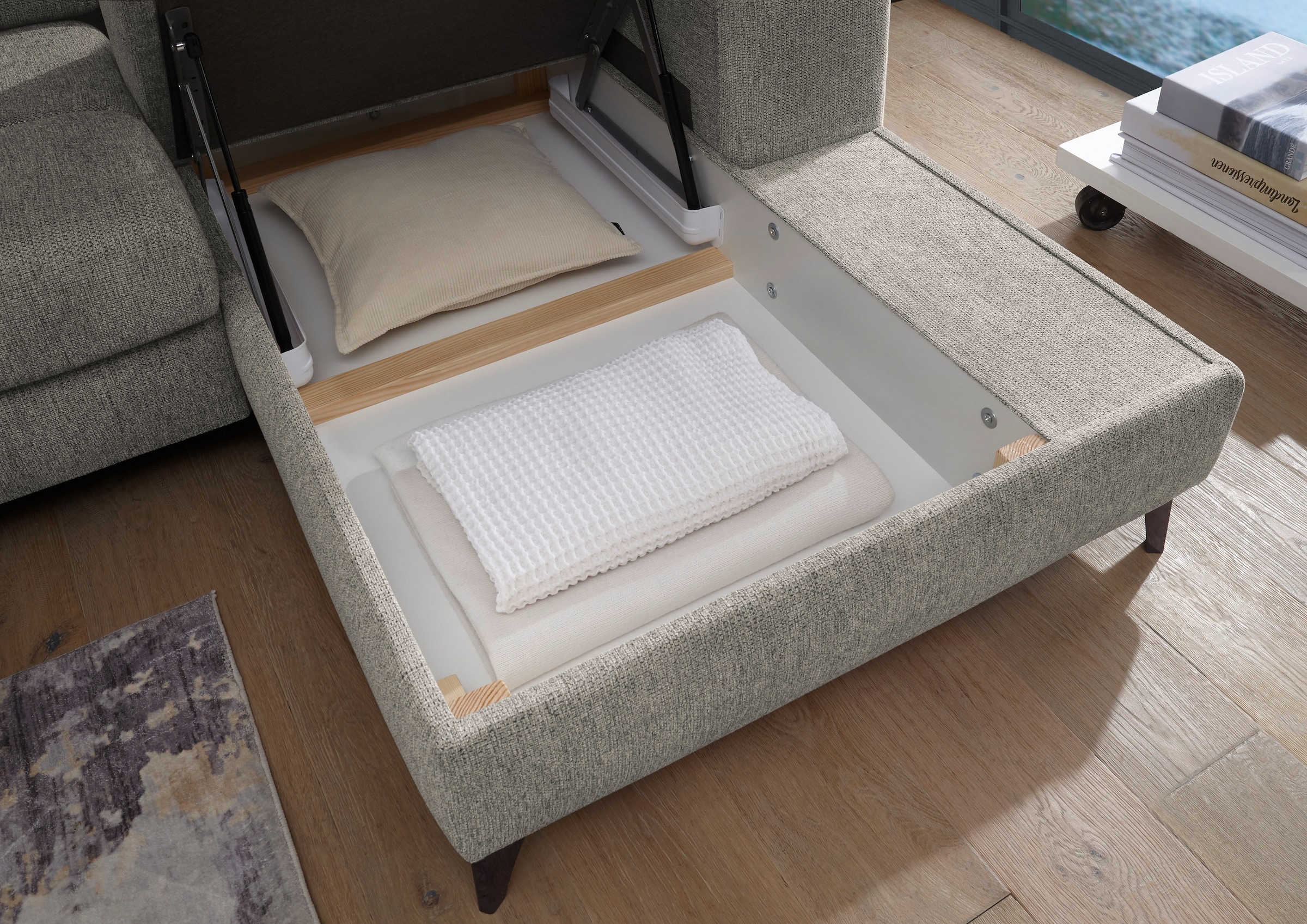 ED EXCITING DESIGN Ecksofa »Sydney L-Form mit Bettfunktion, Bettkasten, Kopfteilverstellung«, motorischer Sitztiefenverstellung, USB-Port & 2 Zierkissen