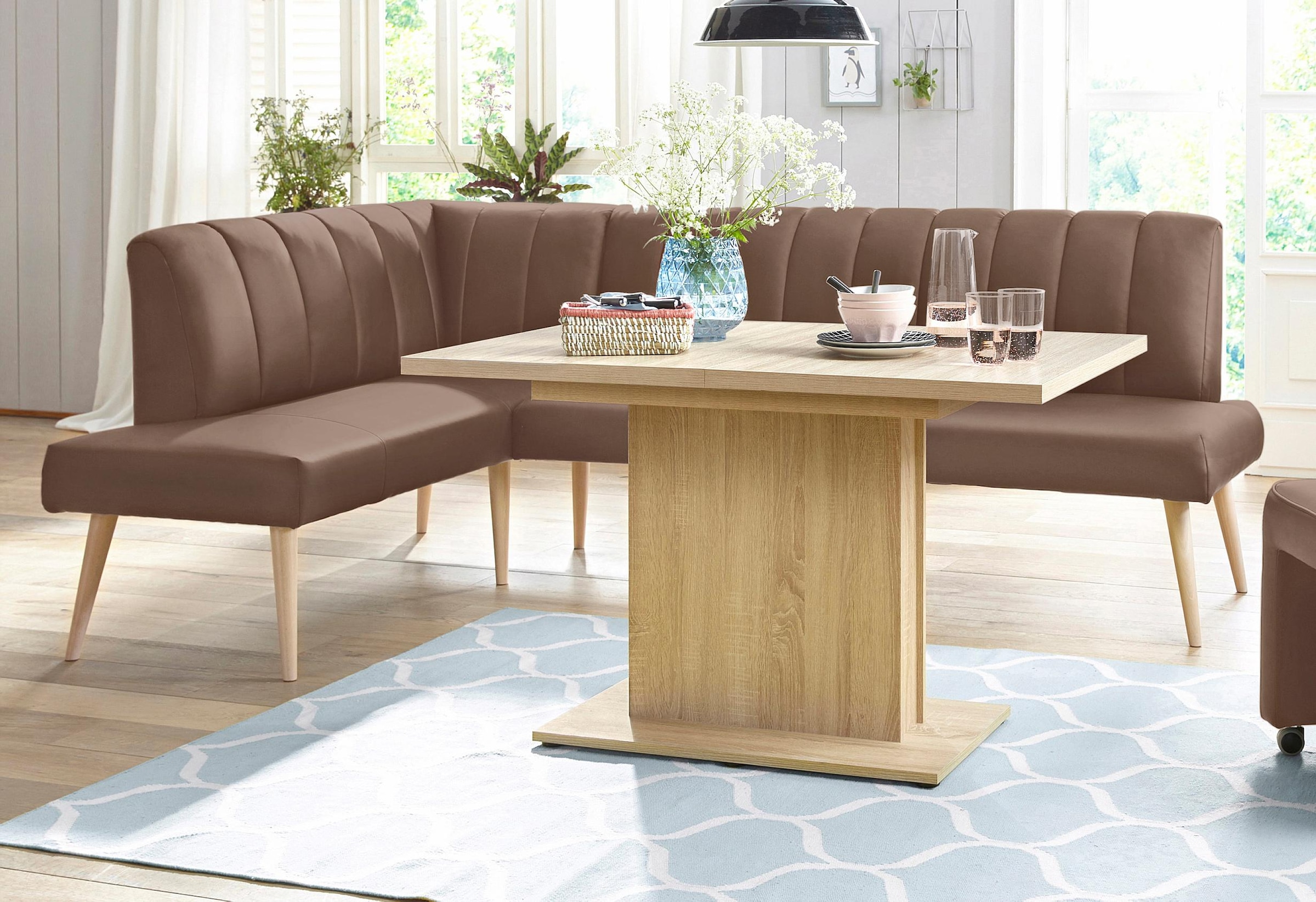 exxpo - sofa fashion Eckbank »Costa, moderne Rückensteppung, bequem und elegant, hoher Holzfuß«, hochwertig verarbeitet, Frei im Raum stellbar