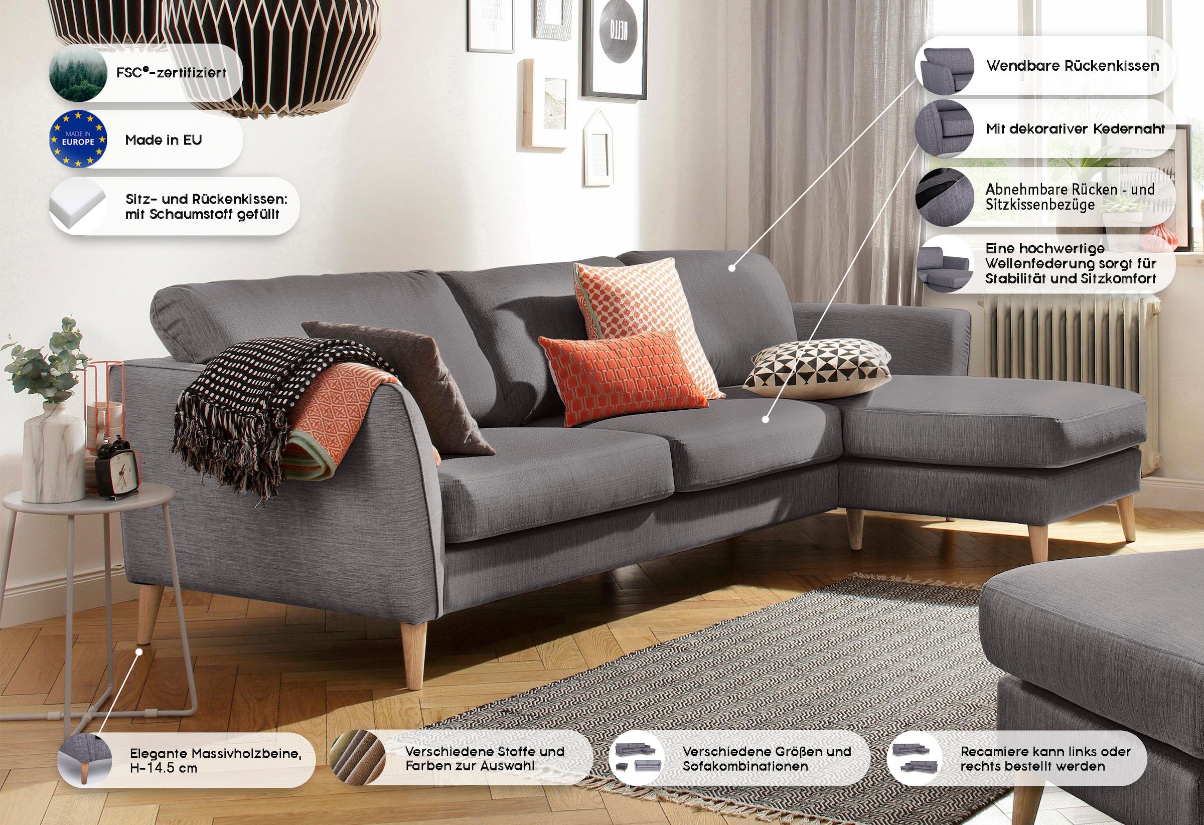 Home affaire Ecksofa »MARSEILLE (279/152cm),L-Form, Rec. rechts/links«, Massivholzbeine aus Eiche, in verschieden Bezügen und Farbvarianten