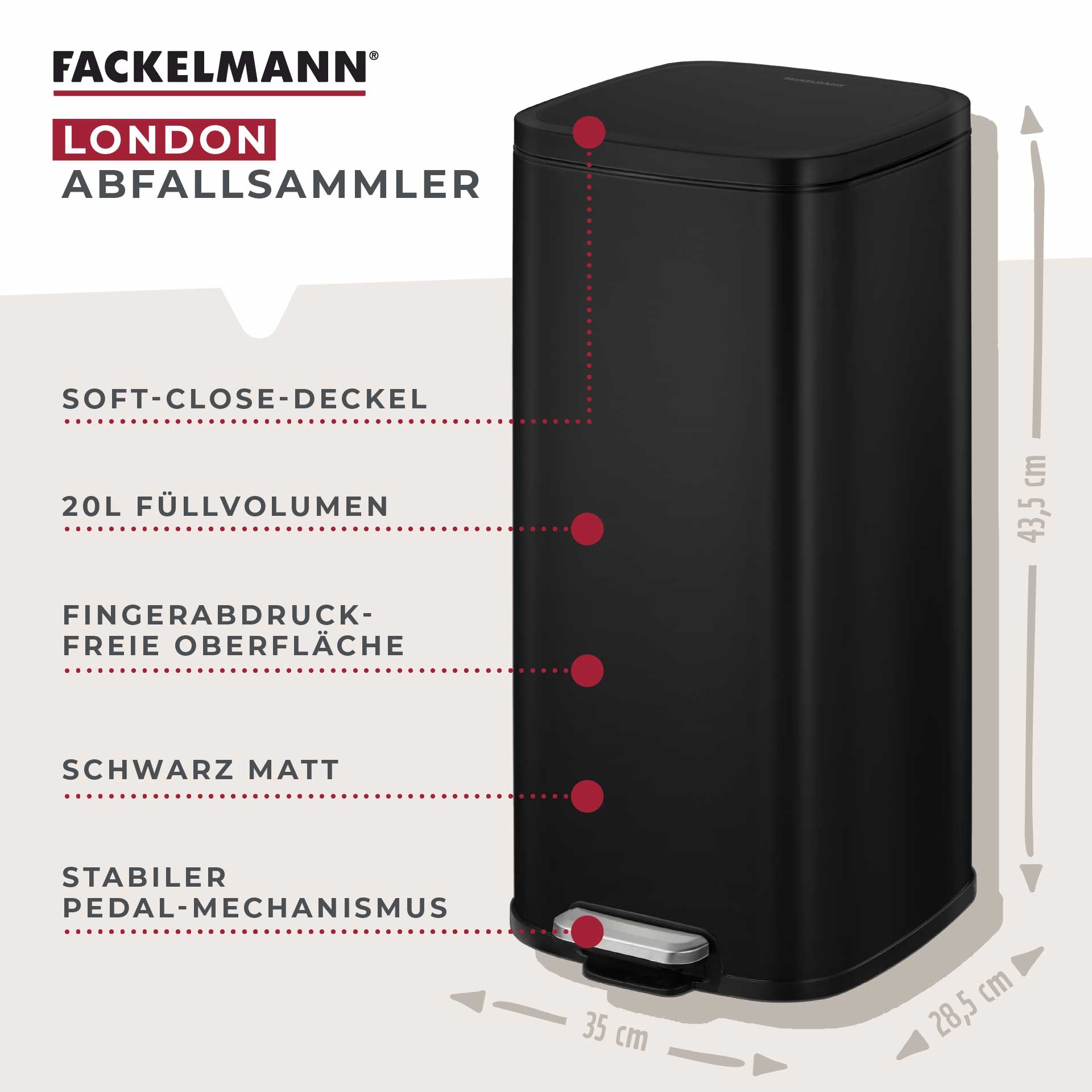 FACKELMANN Mülleimer »LONDON, Pedal-Abfalleimer 20L« 1 Behälter mit gedämpftem Deckel & Anti-Fingerprint Oberfläche, Höhe ca. 43,5 cm