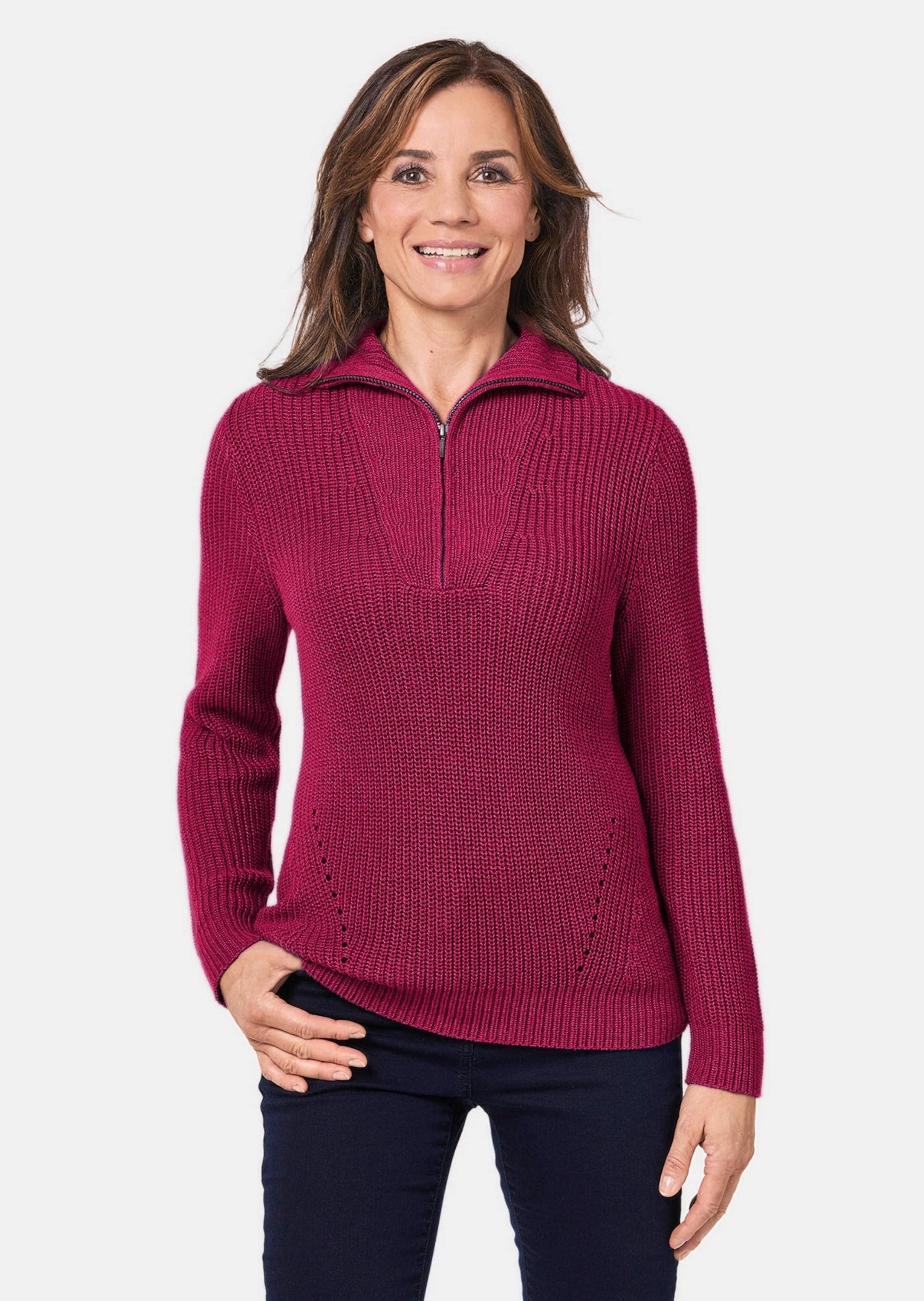 GOLDNER Strickpullover »Kurzgröße Sportiver Troyer mit Baumwollanteil«