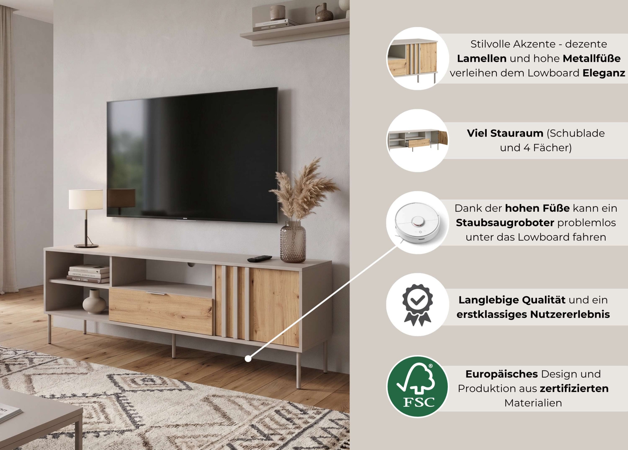 OTTO home Lowboard »AAELIN TV-Schrank mit viel Stauraum, modernes Design« TV-Kommode mit Schublade, einem geschlossenen und 2 offenen Fächern
