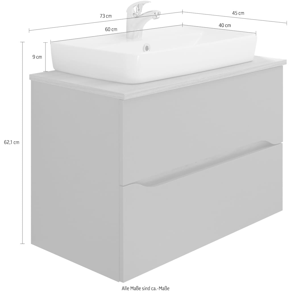 Saphir Waschtisch »Quickset Keramik-Aufsatzbecken mit Unterschrank, 73 cm breit«, Waschplatz, Unterschrank mit Waschbecken, 2 Schubladen, grifflos