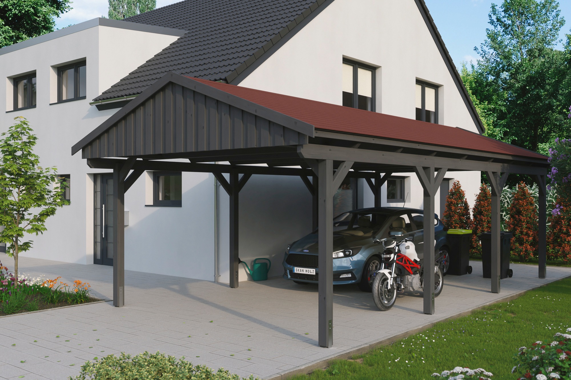 Skanholz Einzelcarport "Fichtelberg" Leimholz dunkelgrau mit roten Schindeln