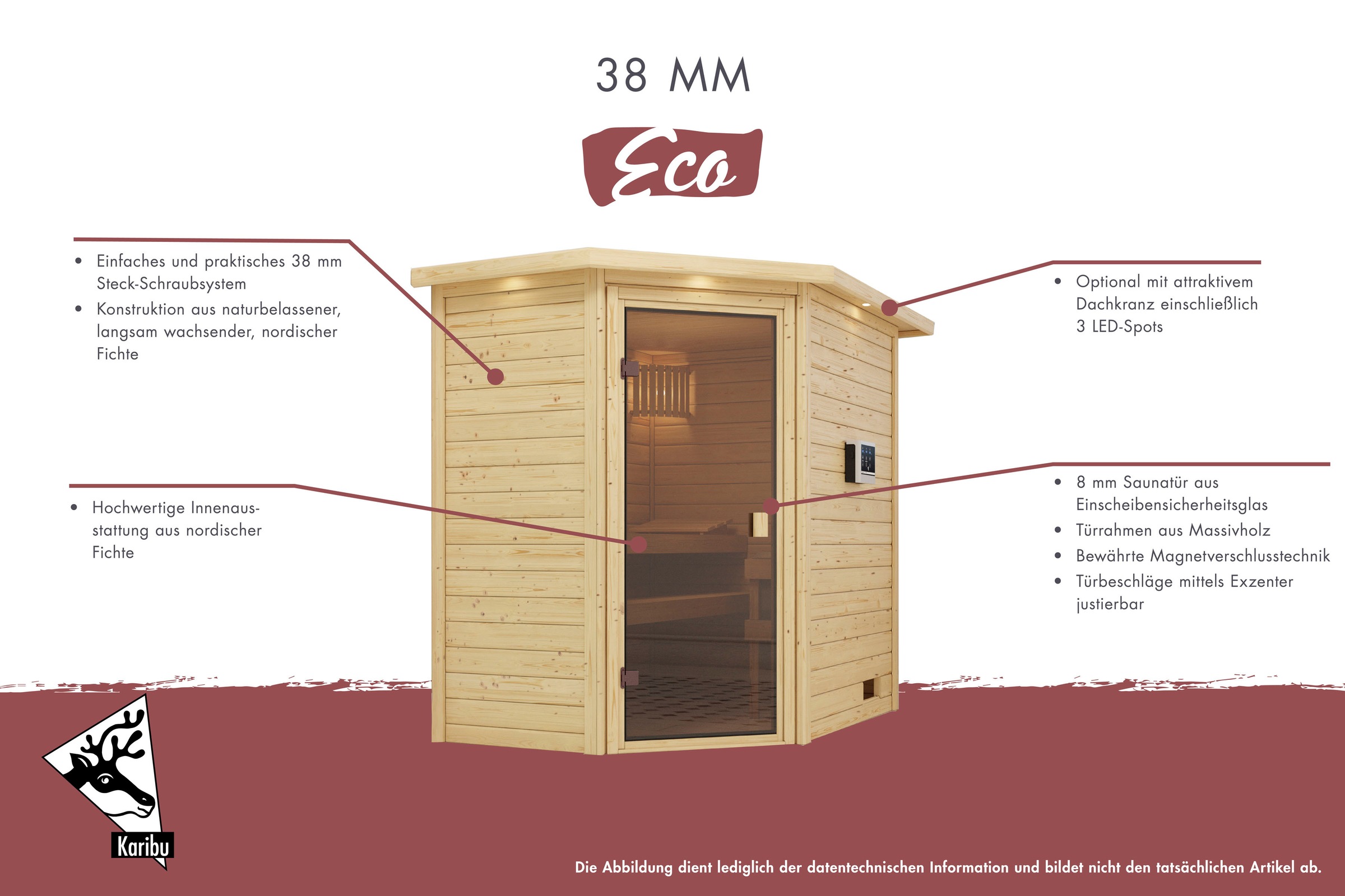 Karibu Sauna »"Leona" mit Energiespartür Ofen 9 KW externe Strg modern«, aus hochwertiger nordischer Fichte