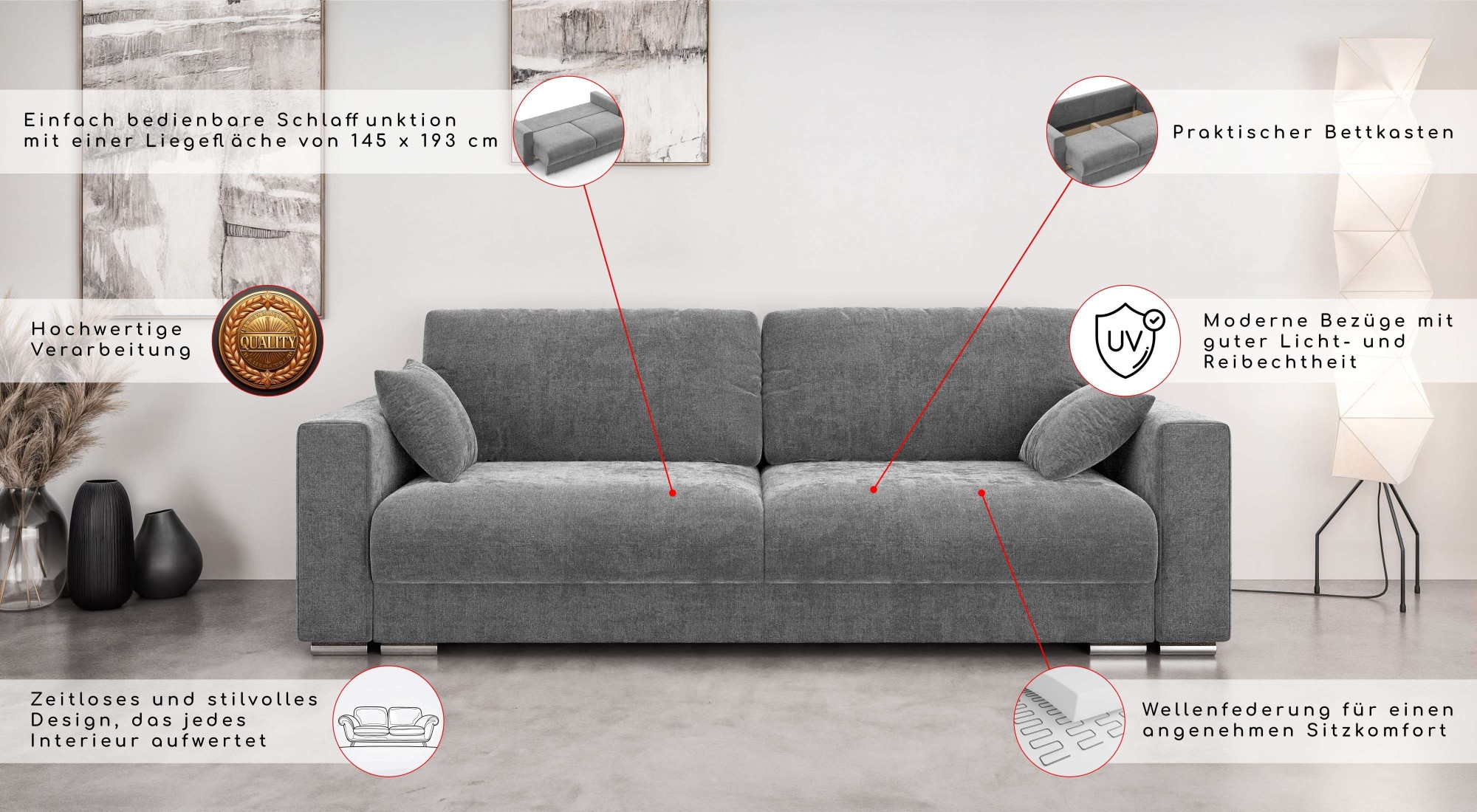 INOSIGN 3-Sitzer »Stevinson Schlafsofa mit Bettkasten, Maße B/H/T: 229/87/97 cm«, mit Wellenunterfederung, 2 Rückenkissen und 2 Zierkissen