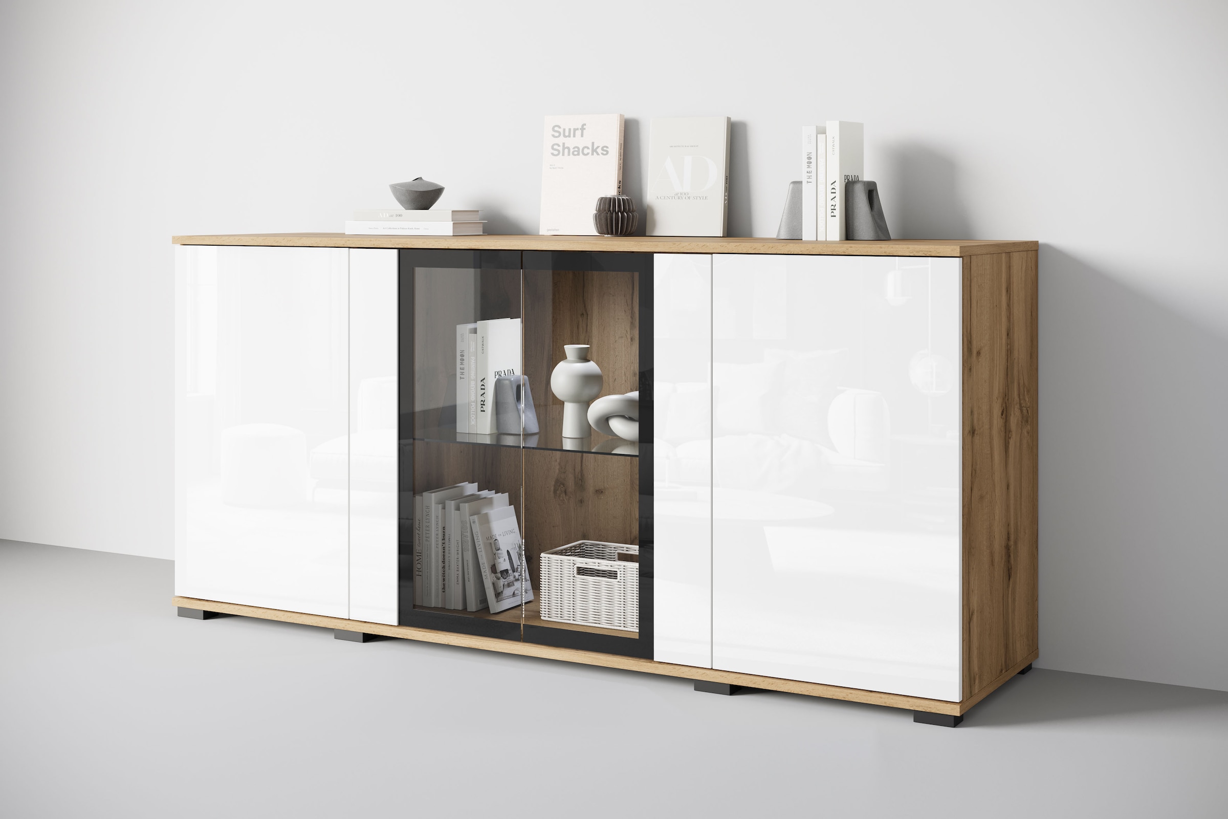 Home affaire Sideboard "Caro, modernes Design mit Glaseinsätzen, Breite 150 cm" 1 Stk. tlg. Grifflose Fronten mit Push-to-Open, höhenverstellbare Einlegeböden