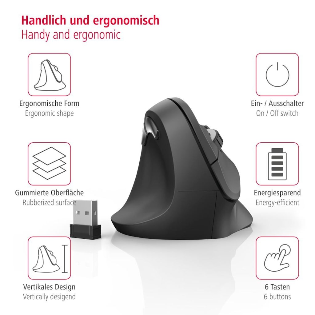 Hama ergonomische Maus »Computermaus kabellos für Linkshänder, ergonomisch, vertikal, schwarz«, Funk, Funkmaus, DPI Schalter, Browser Tasten, USB Empfänger