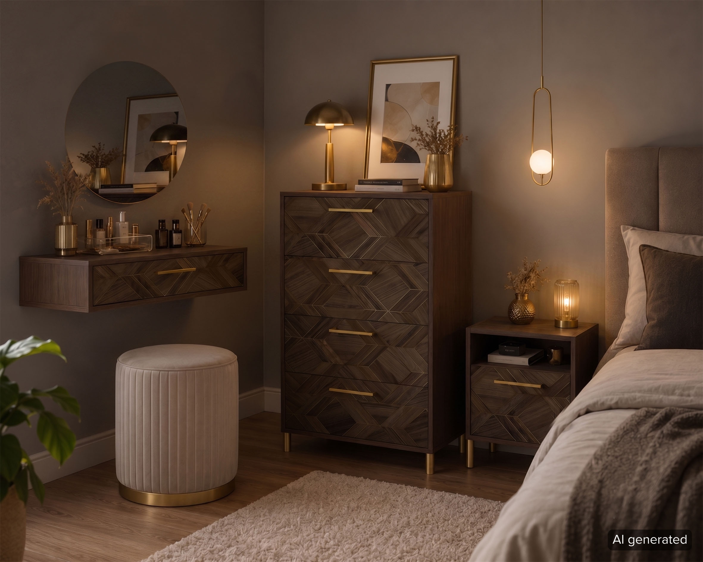 Schildmeyer Nachtschrank »Glenn, mit smarter Ladestation & Steckdose, Made in Germany« 1 Stk. tlg. Nussbaum Art-Déco Design mit eleganten Goldakzenten, Made in Germany
