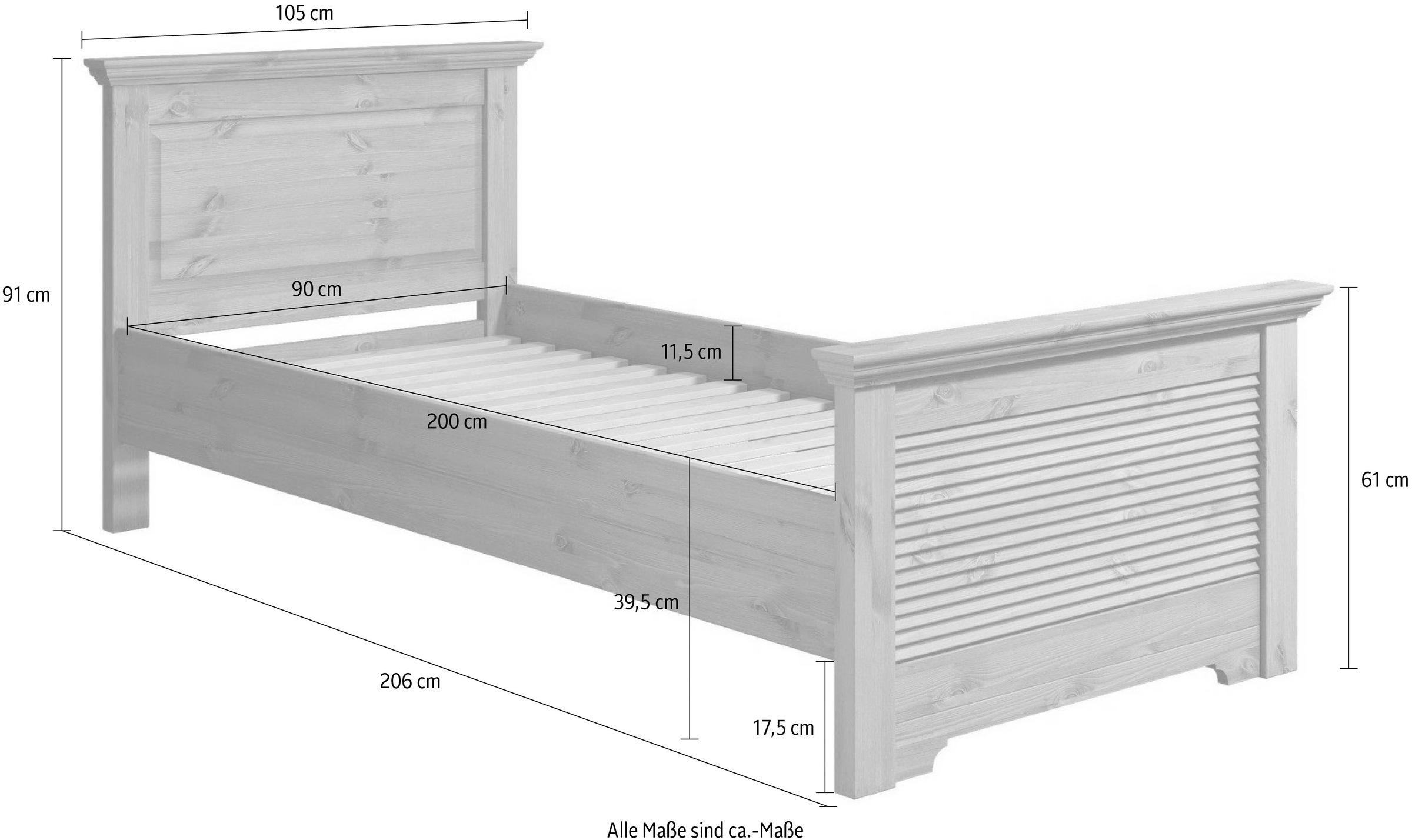 Home affaire Bett »Rauna, Landhausstil, edles Design mit Lamellen und Kassetten, 2 Farben«, (Breite/Belastbarkeit 180cm=220 KG, 90cm=120KG), FSC® zertifiziertes Kieferholz, massive Qualität mit Lattenrost