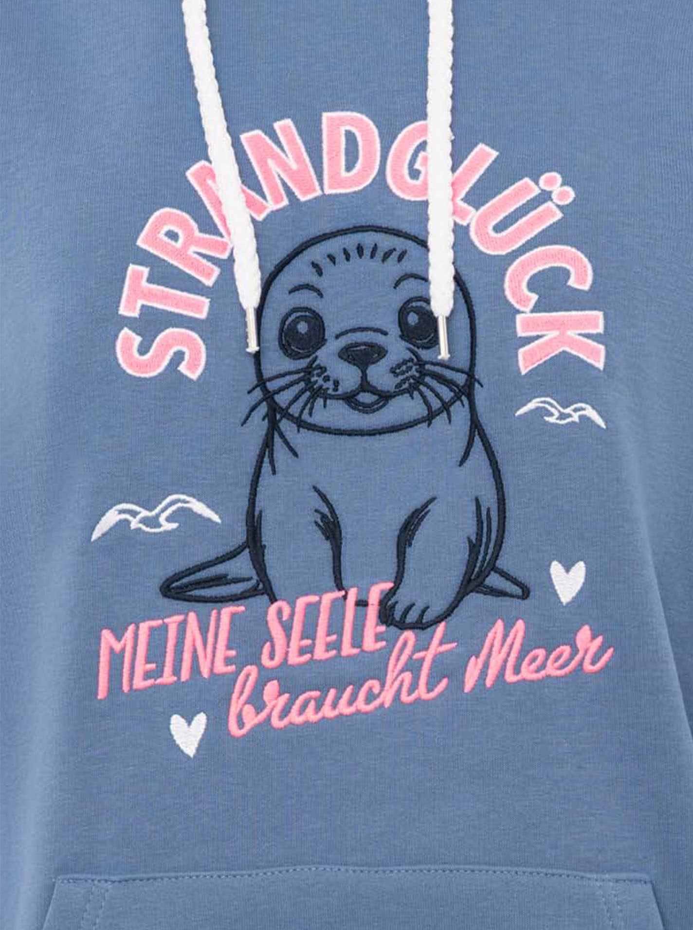 Zwillingsherz Hoodie »"Seerobbe"«, Strandglück Schriftzug, niedliche Robbe. gestreifte Bündchen
