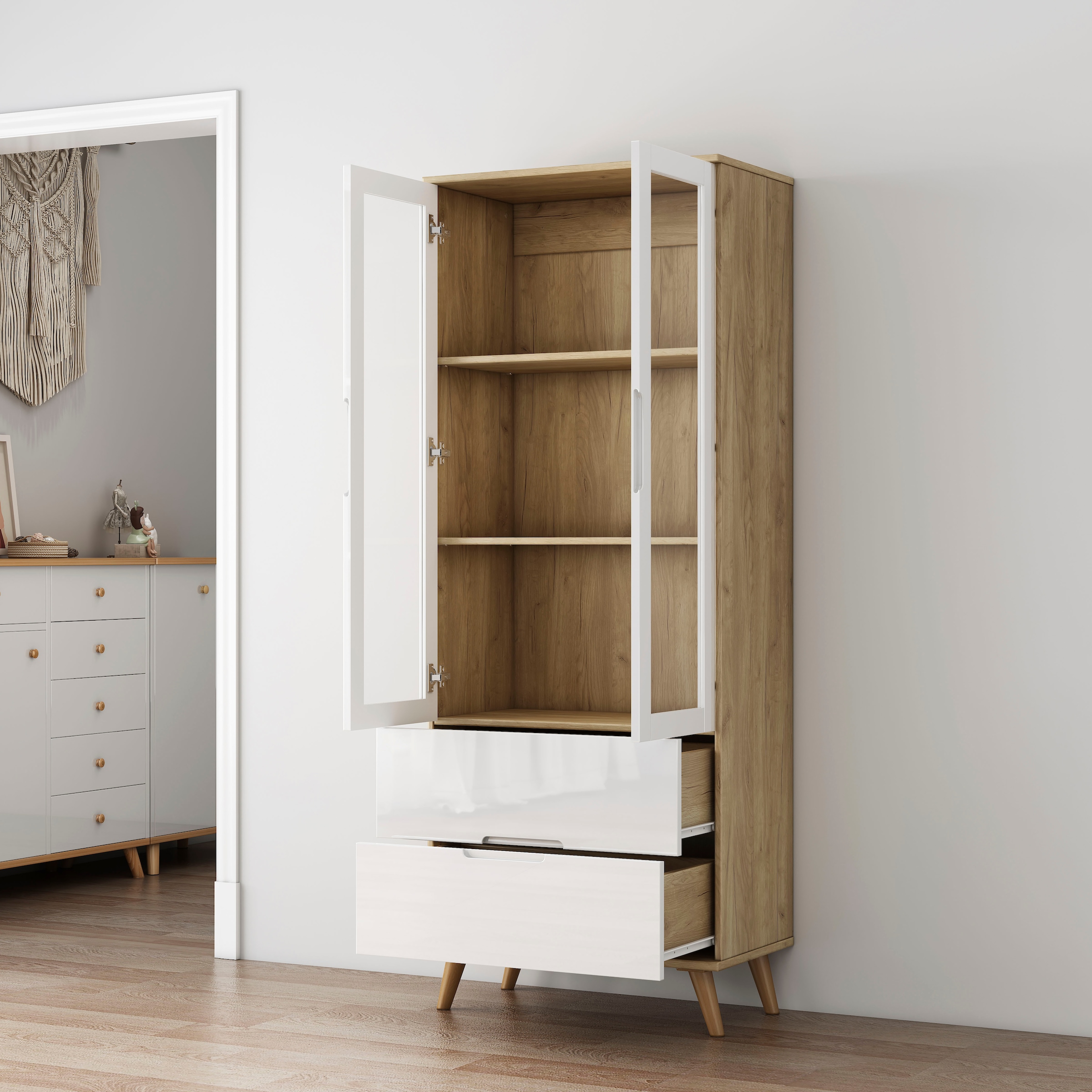 OTTO home Highboard »Lund« mit glänzenden Fronten, Glastüren, helles Holzdekor, Breite 70 cm