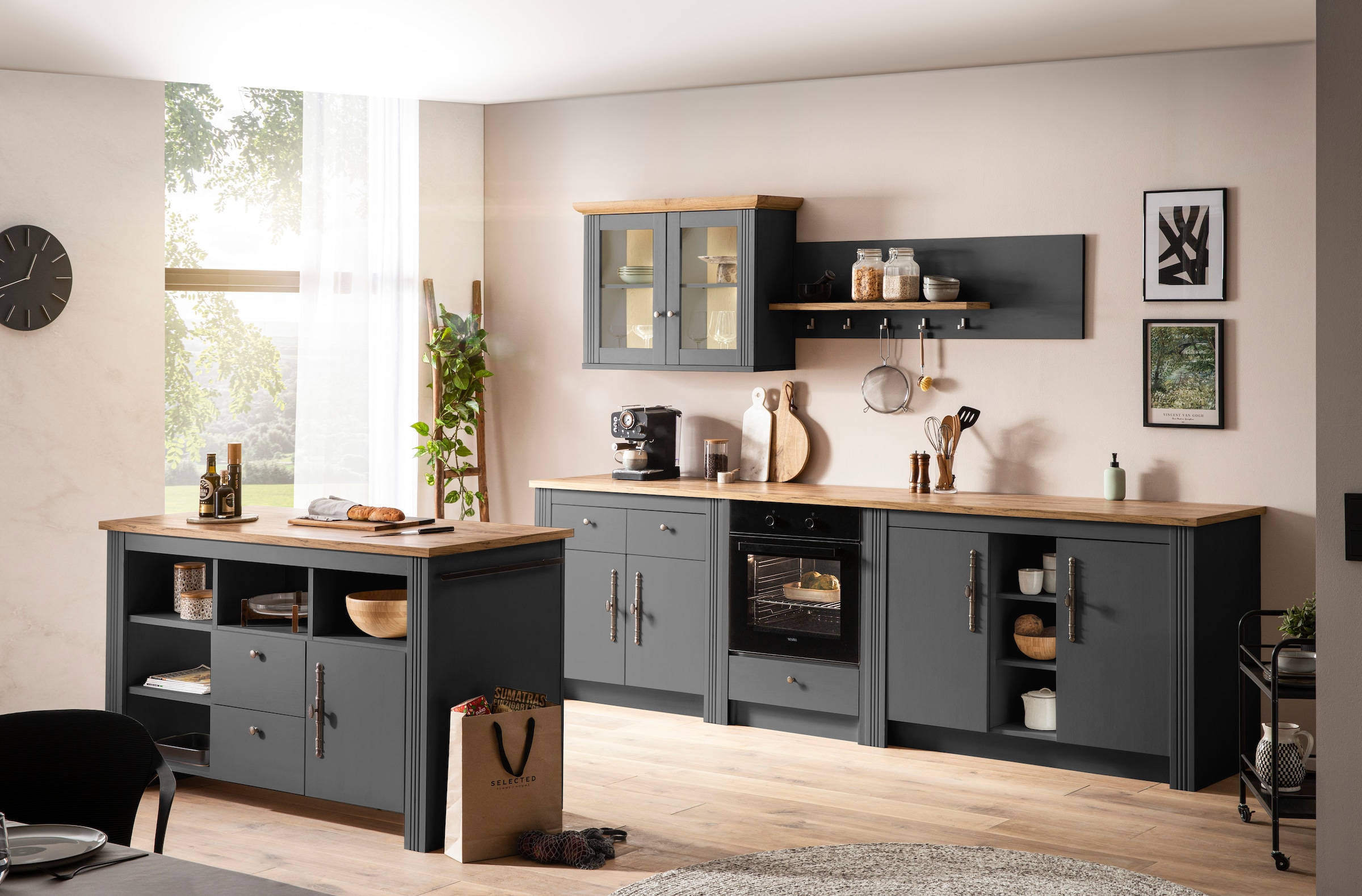 KOCHSTATION Küchenzeile »KS-Westminster, Pantryküche im Landhaus Stil, hochwertige Metallgriffe«, (Set), Breite 294 cm, Kommoden, Wandpaneel, Hängeschrank, Herdumbau