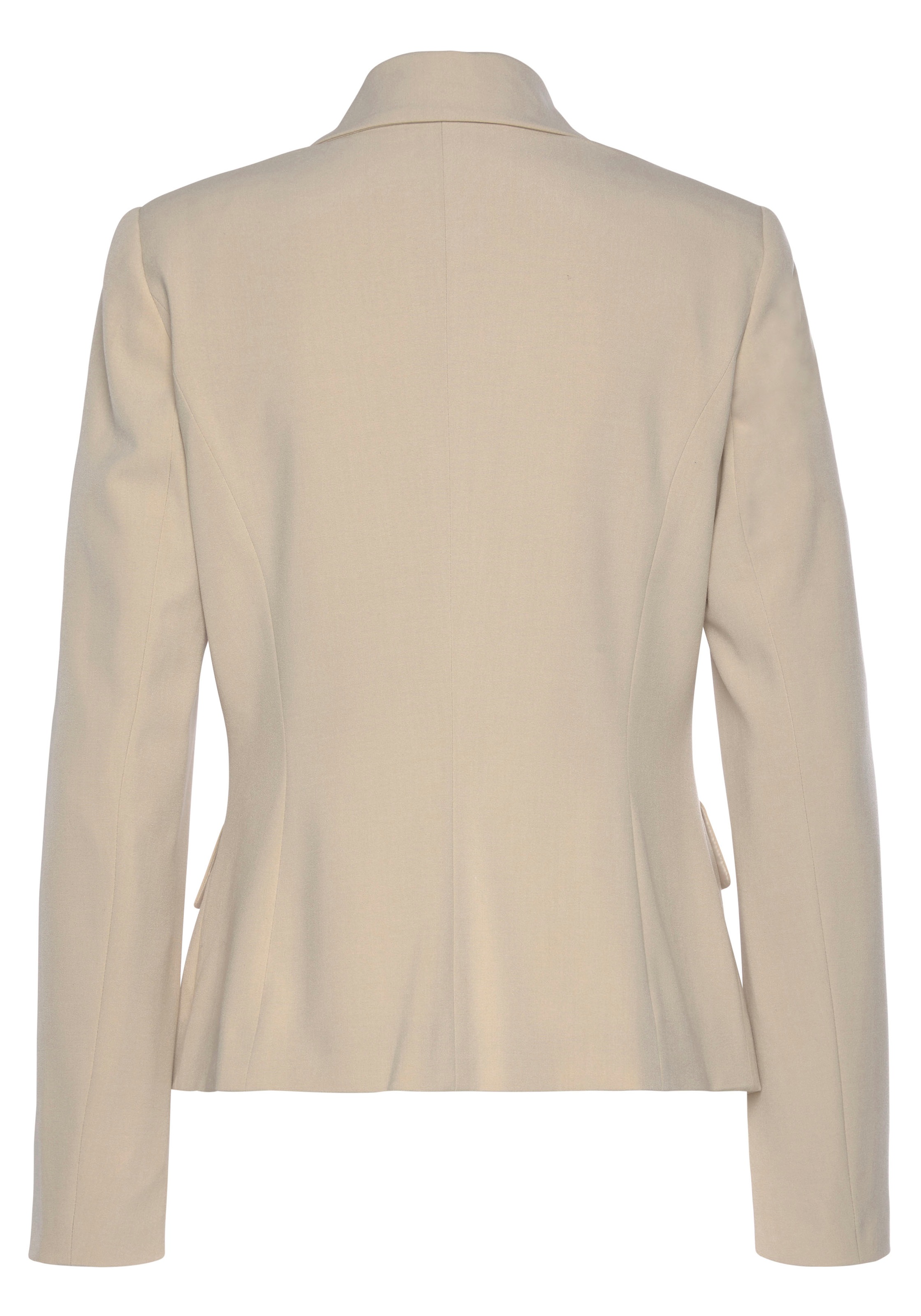 Kurzblazer LASCANA, Damen, Gr. 38, beige (sand), Web, Obermaterial: 64% Polyester, 32% Viskose, 4% Elasthan. Futter: 100% Polyester, unifarben, figurbetont hüftlang, Blazer Kurzblazer, mit doppelreihigem Knopfverschluss, Damenblazer, sportlich-elegant, To 3