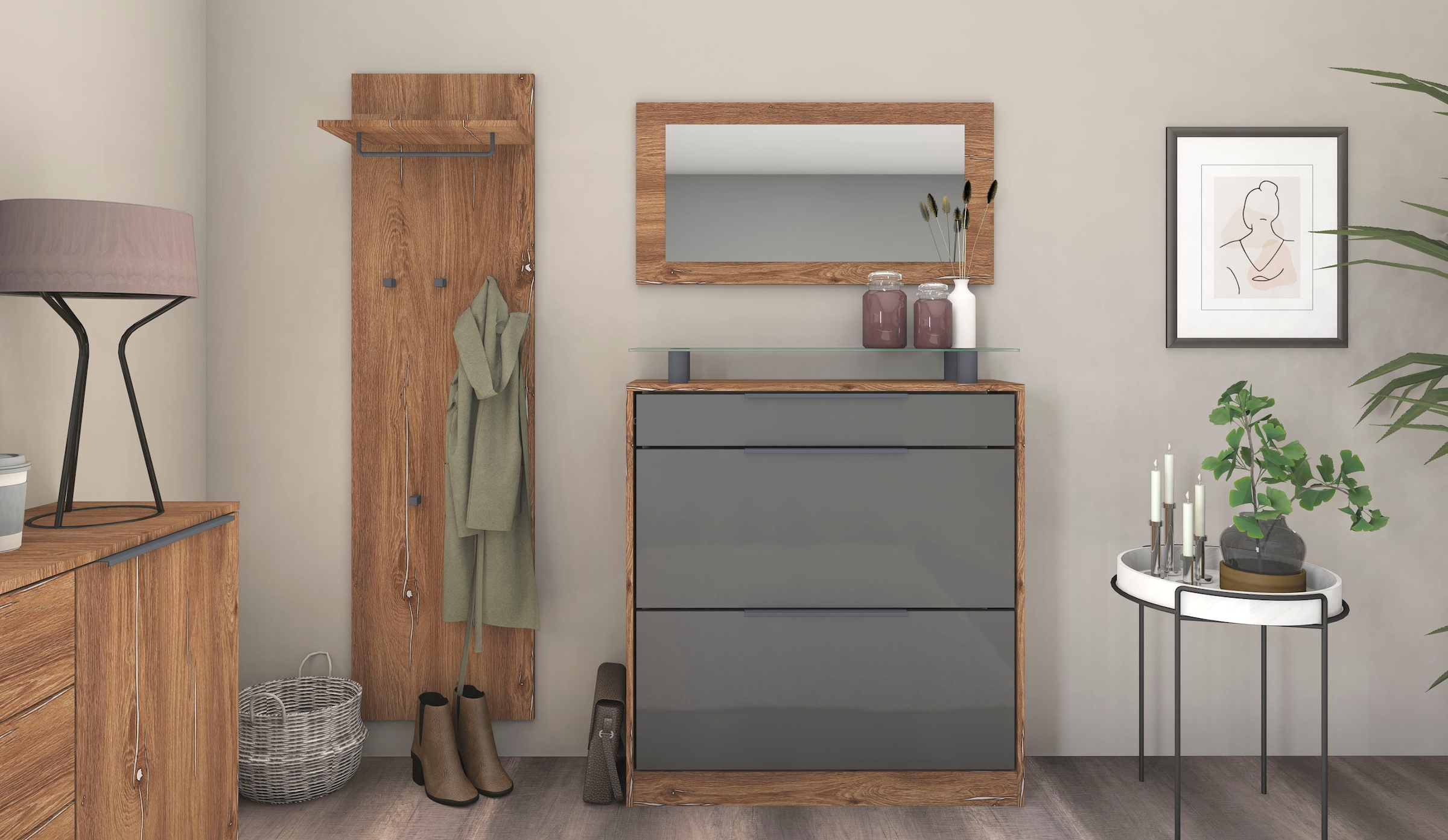 Garderoben-Set BORCHARDT MÖBEL, grau, Flur, Kastenmöbel-Sets, "Tom", Schuhschrank stehend