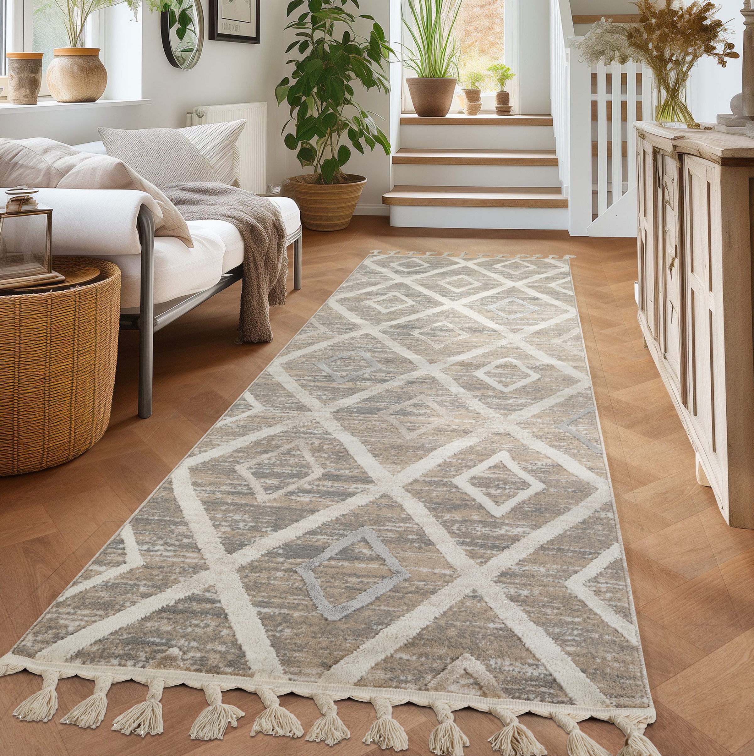 OTTO home Läufer "Otilie" rechteckig 11 mm Höhe dichte Qualität, Woll-Look, Boho, mit Fransen und Rauten, Scandi