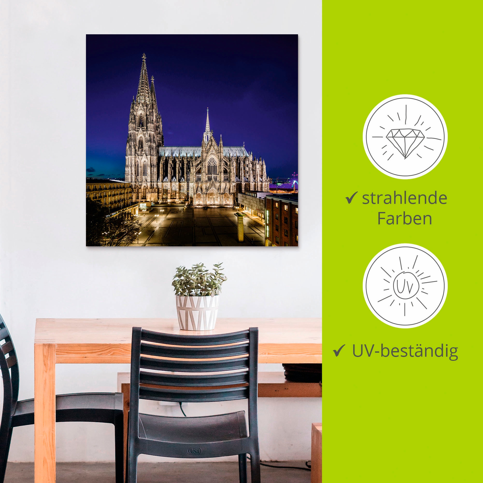 Artland Alu-Dibond-Druck »Kölner Dom am Abend«, Gebäude, (1 St.), für Innen- und Außenbereich geeignet, Outdoorbild