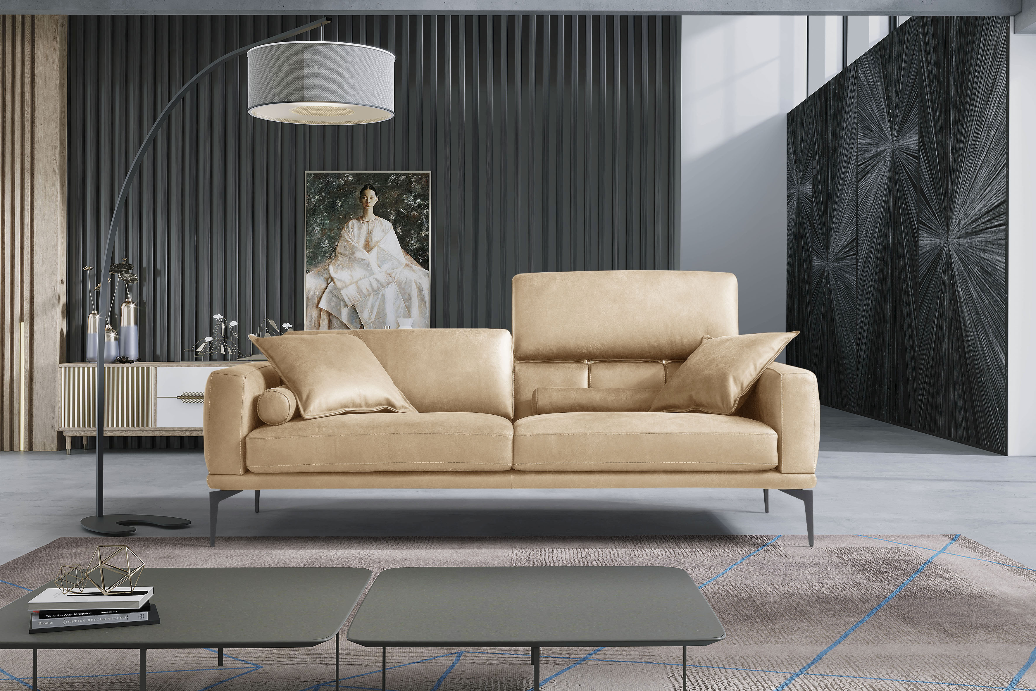 Egoitaliano 2,5-Sitzer "Masu, Designsofa mit erstklassigem Sitzkomfort, Breite 218cm" inkl. 2 Kissenrollen, Rückenelemente manuell verstellbar, Metallfüße