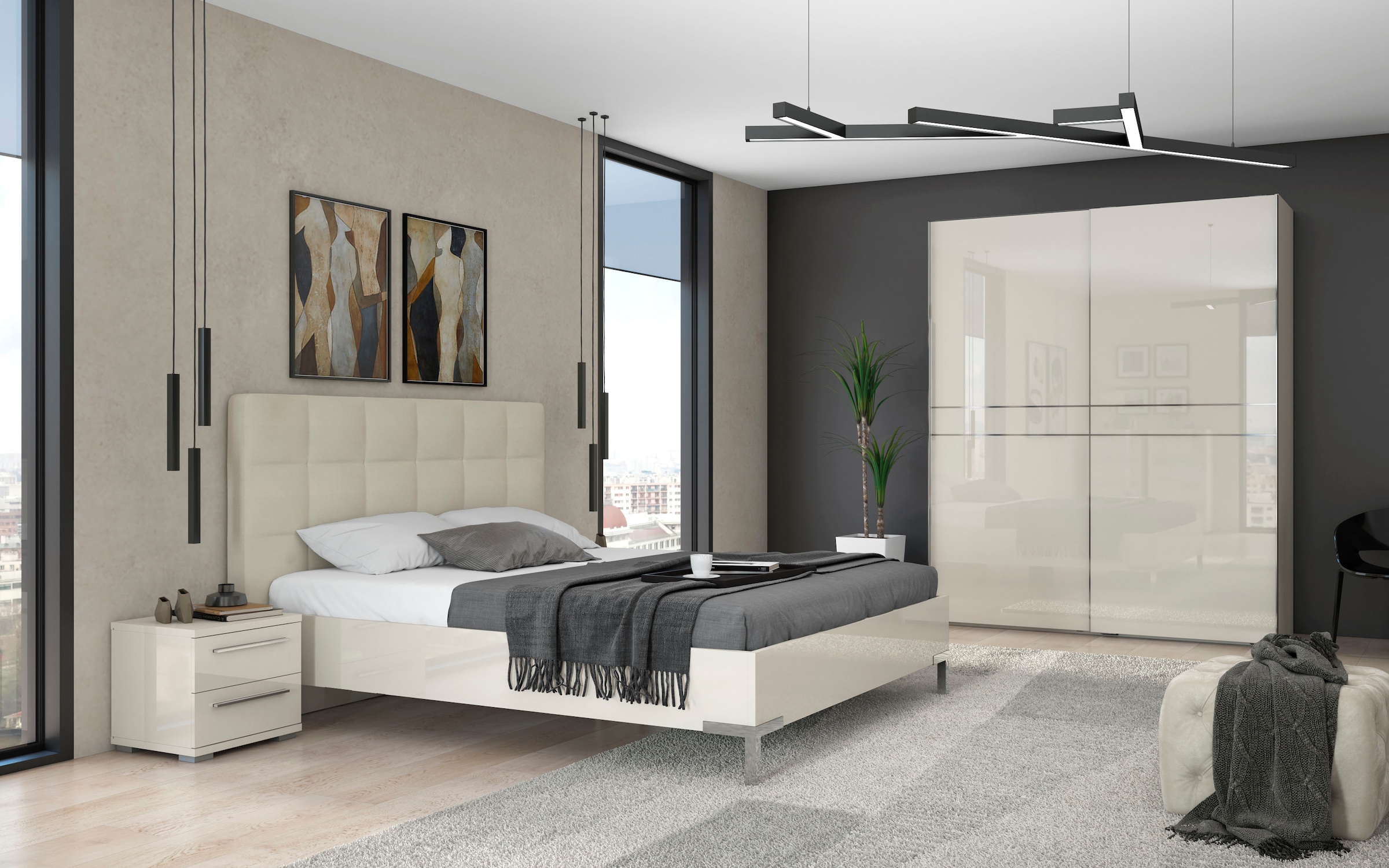 Places of Style Schwebetürenschrank »Piano, FSC-zertifiziert, mit Einlegeböden und Kleiderstangen«, (in 3 Breiten, 224cm hoch), UV lackiert, hochglänzend, mit Soft-Close Funktion, in beige oder weiß