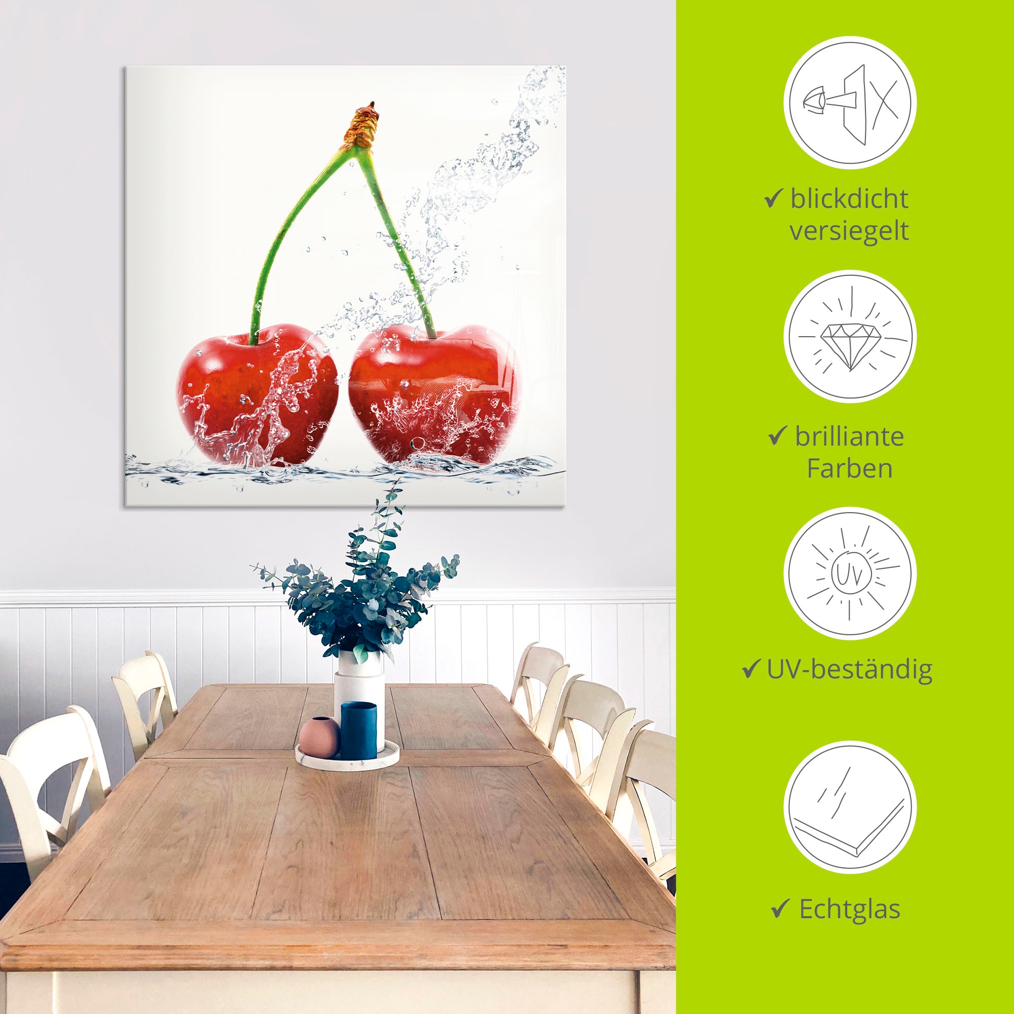 Artland Glasbild »Kirschen mit Spritzwasser«, Lebensmittel, (1 St.)