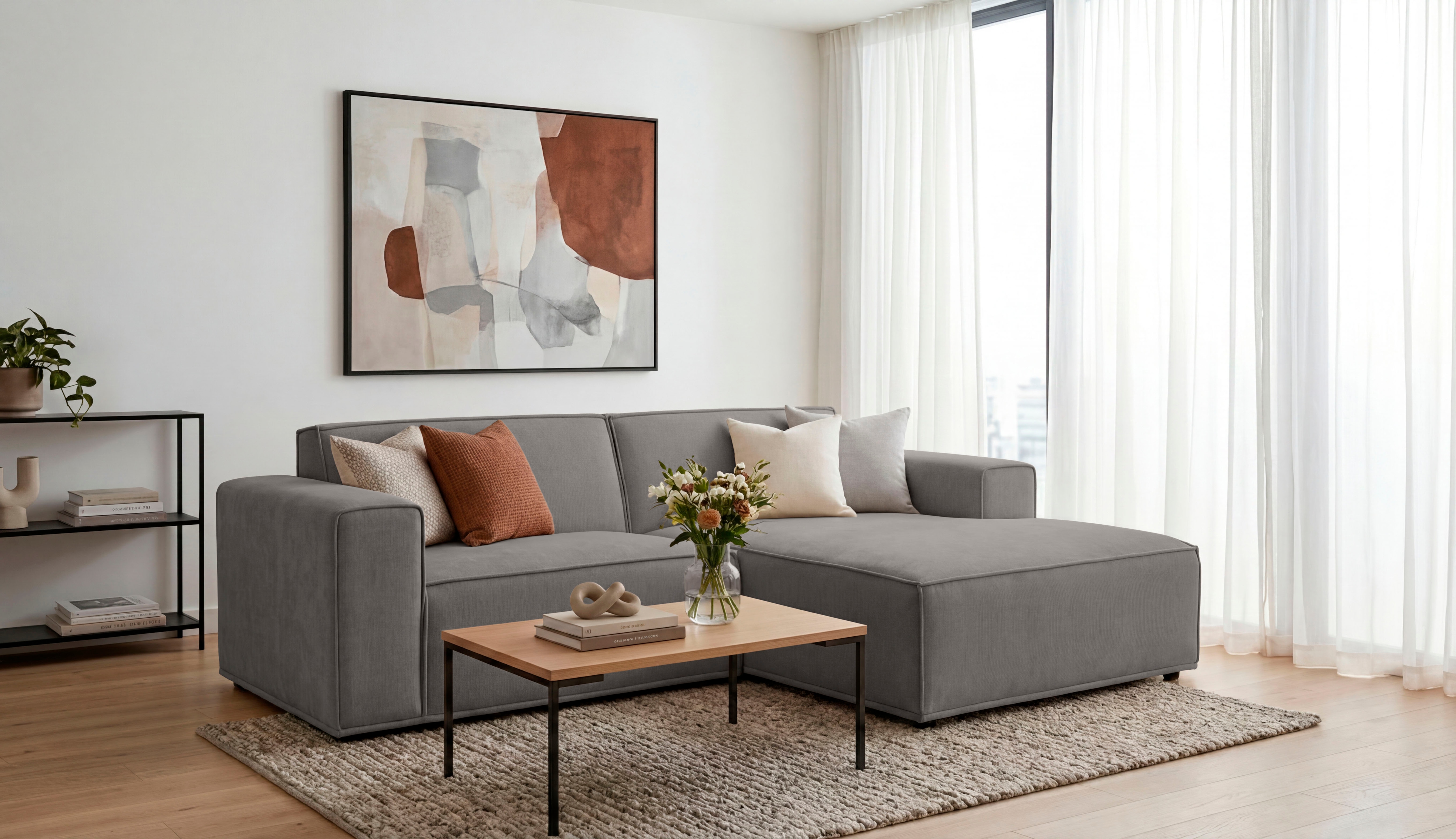OTTO home Ecksofa "Avelin, 228 cm, L-Form, Chenille, Struktur-Boucle" mit Wellenunterfederung, Kedernaht, bodentief, Skandi-Design