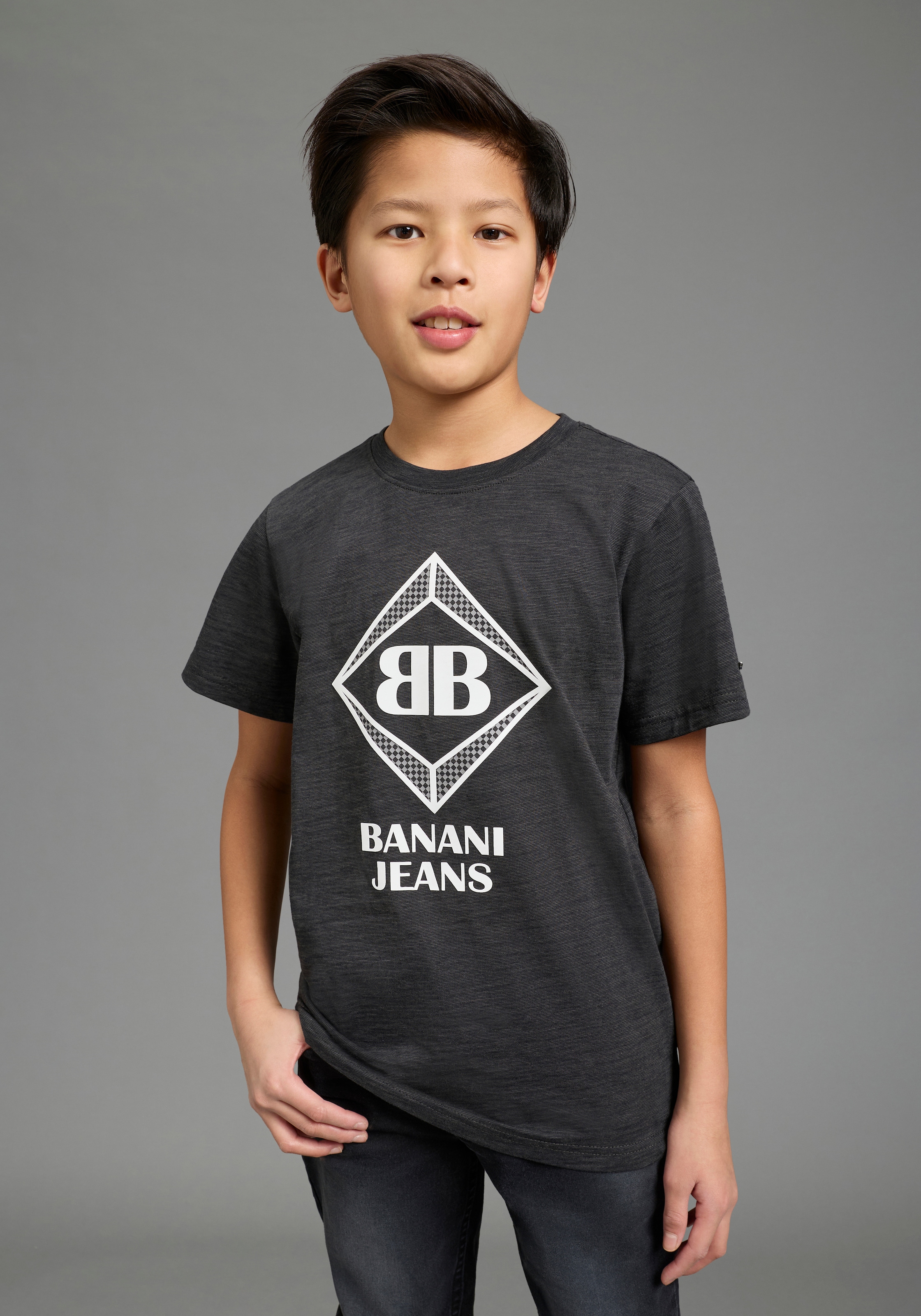 Bruno Banani T-Shirt "Shirt in Melangeware und Logo-Print für Jungen" Basic Passform, Kurzarm, Rundhalsausschnitt, aus Baumwolle