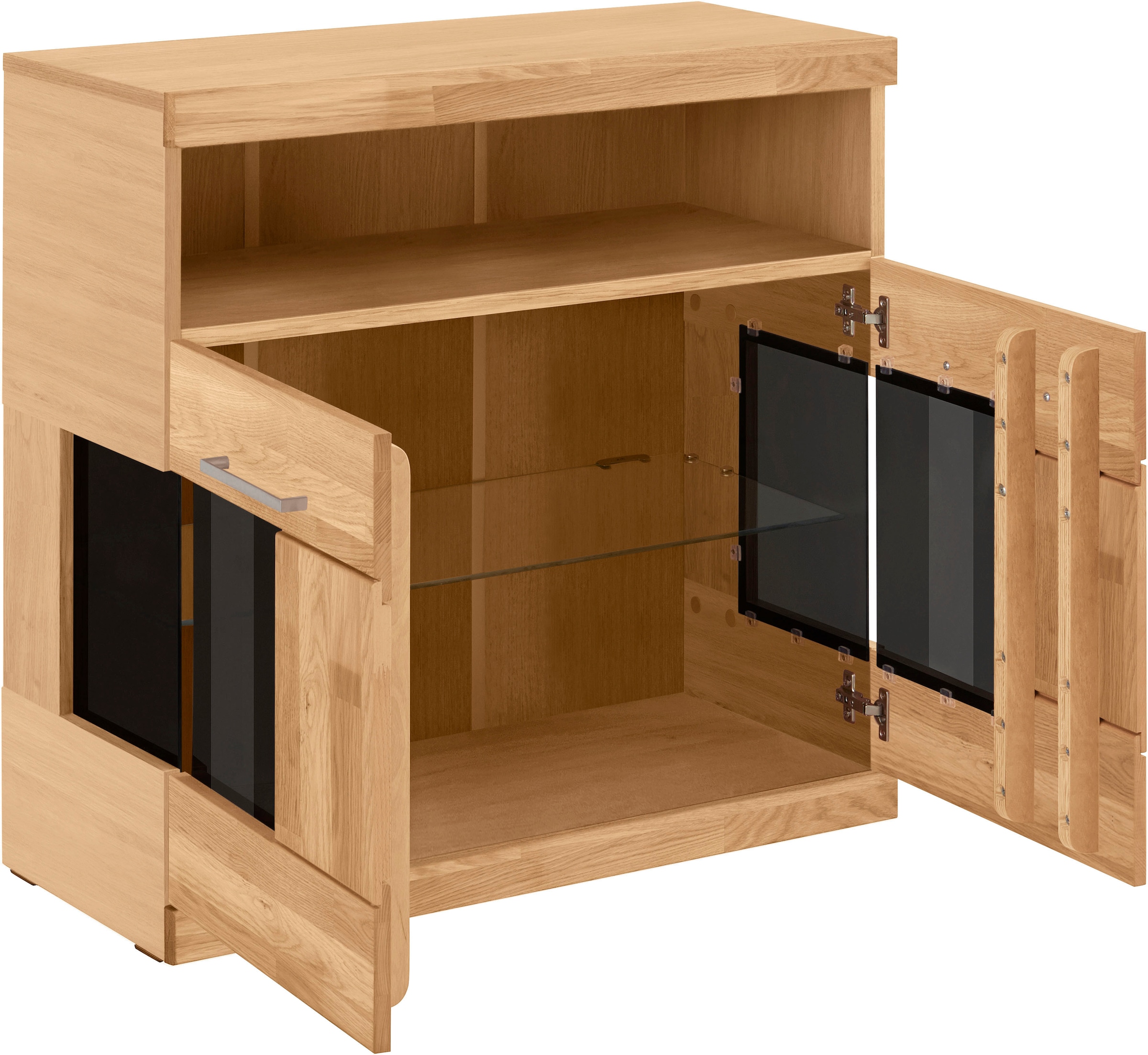 Home affaire Kommode »Ribe 85cm breit,35 cm tief, Fronten Massivholz,2 Türen mit Glaseinsatz«, Holz massiv, Holzwerkstoff,3 breite Fächer