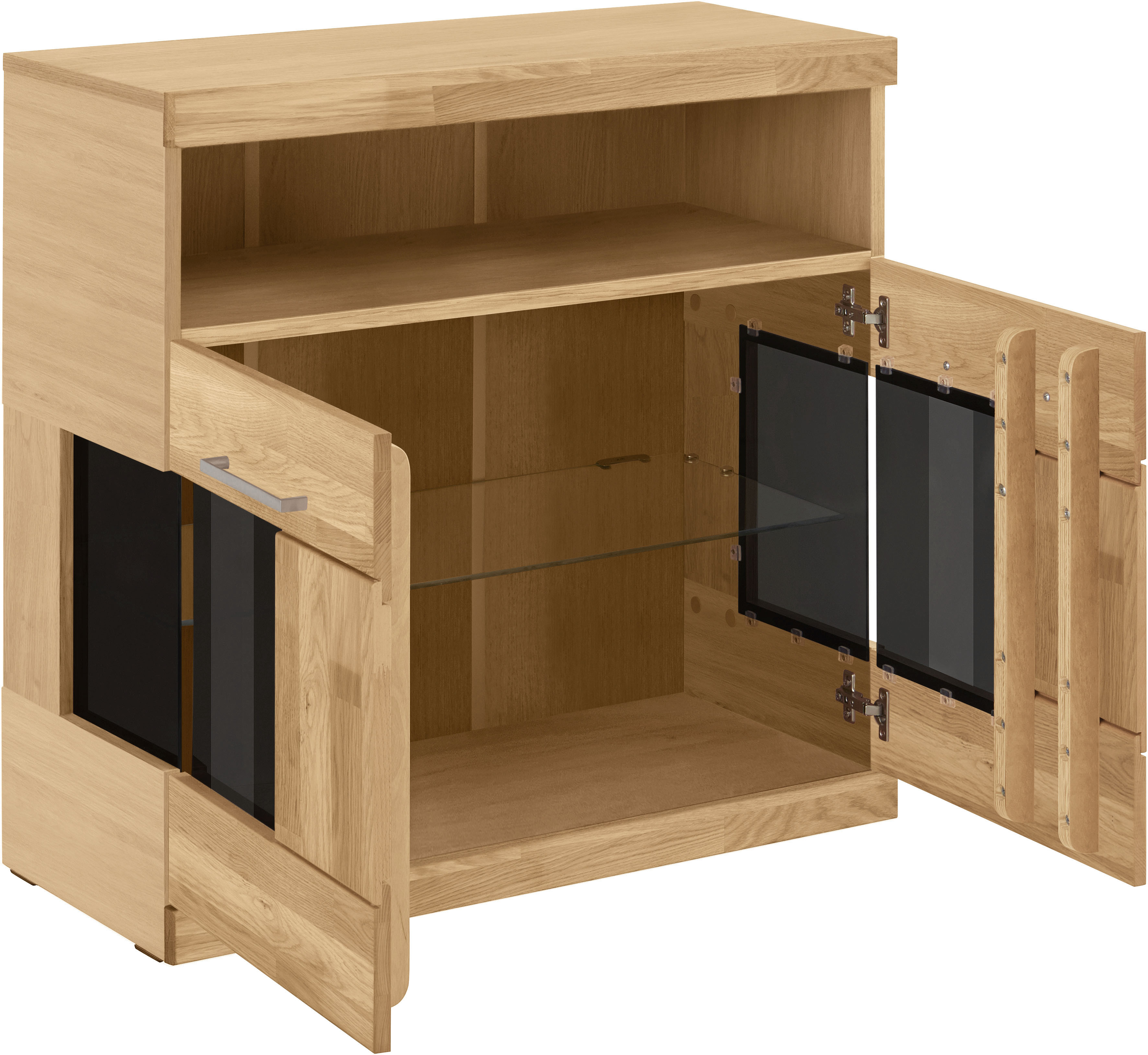 Thumbnail - Home affaire Kommode "Ribe 85cm breit,35 cm tief, Fronten Massivholz,2 Türen mit Glaseinsatz", Holz massiv, Holzwerkstof...