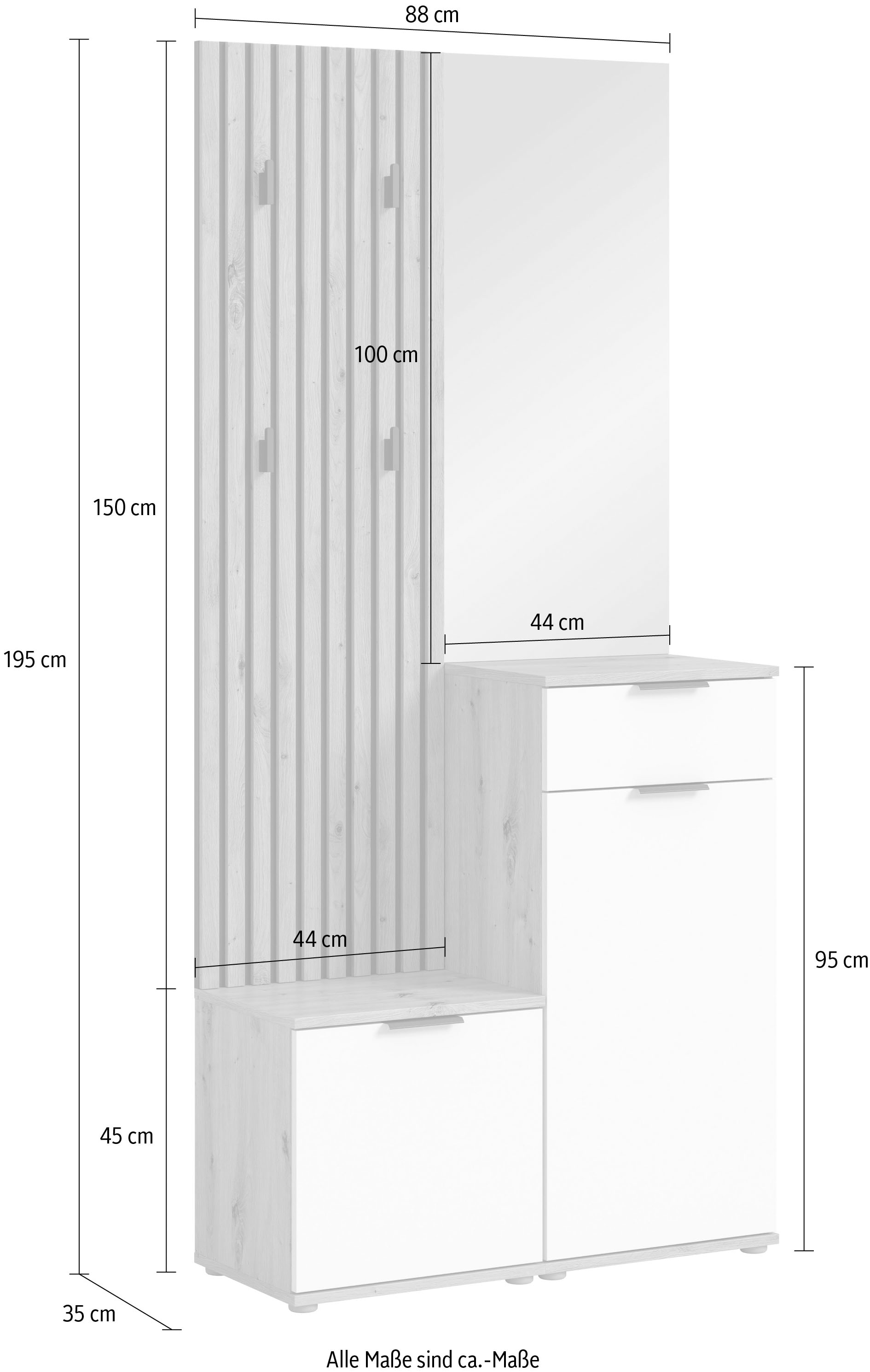 HBZ Kompaktgarderobe »Simple mit Spiegel, Flurgarderobe BxHxT 88x195x35 cm«, (4 St.), mit Bank, Paneel, Schuhkommode mit Schubkasten und Spiegel