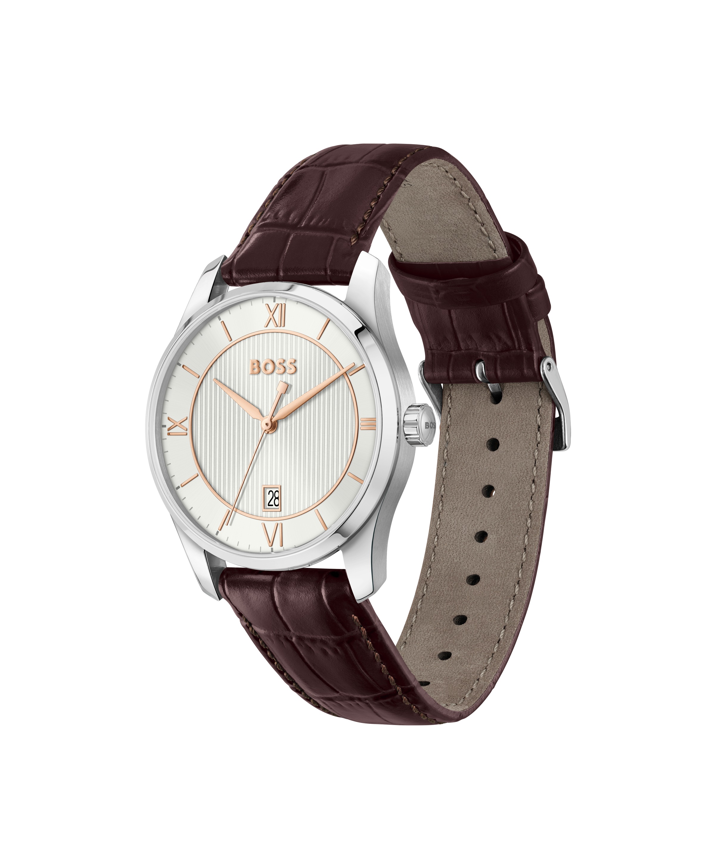 BOSS Quarzuhr »PRINCIPLE« Armbanduhr, Damenuhr, Herrenuhr, Lederarmband, analog, Tag