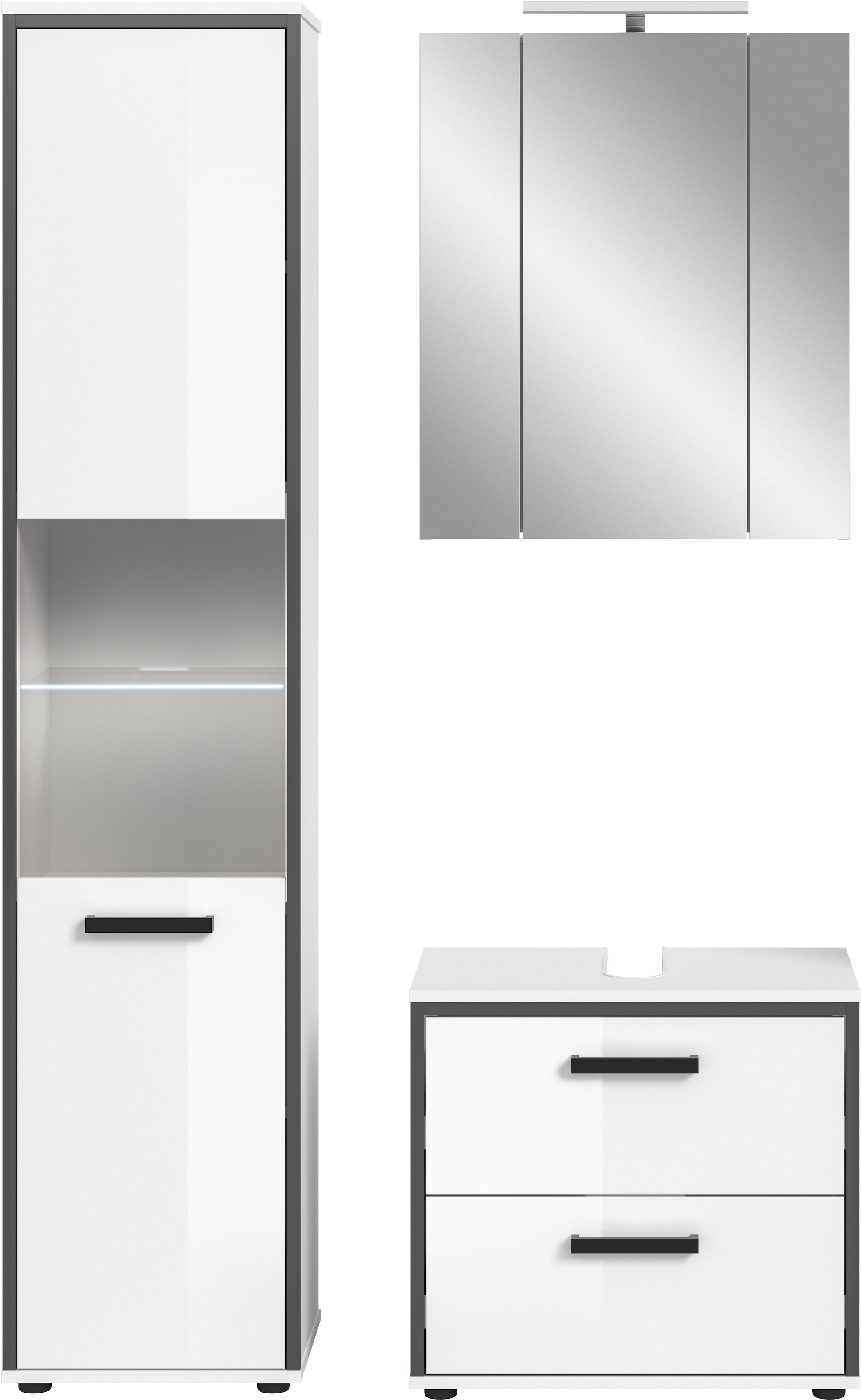 welltime Badmöbel-Set »KAJO, 3-tlg. Badkombination, weiß hochglanz, inkl. Beleuchtung« Set, Set, best. aus: Hochschrank, WBU, Spiegelschrank, Beleuchtung, 5 Stk. tlg.