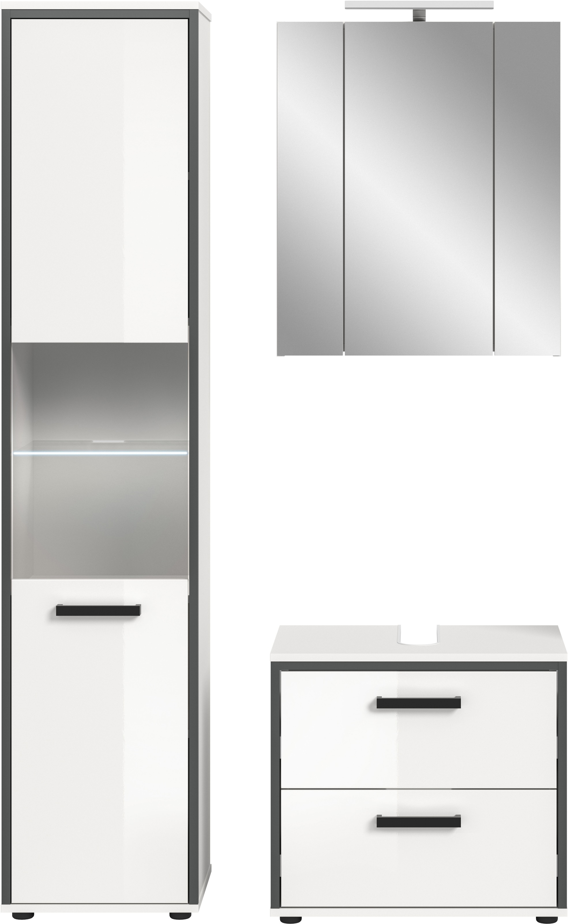 Thumbnail - welltime Badmöbel-Set "KAJO, 3-tlg. Badkombination, weiß hochglanz, inkl. Beleuchtung" Set, Set, best. aus: Hochschrank,...